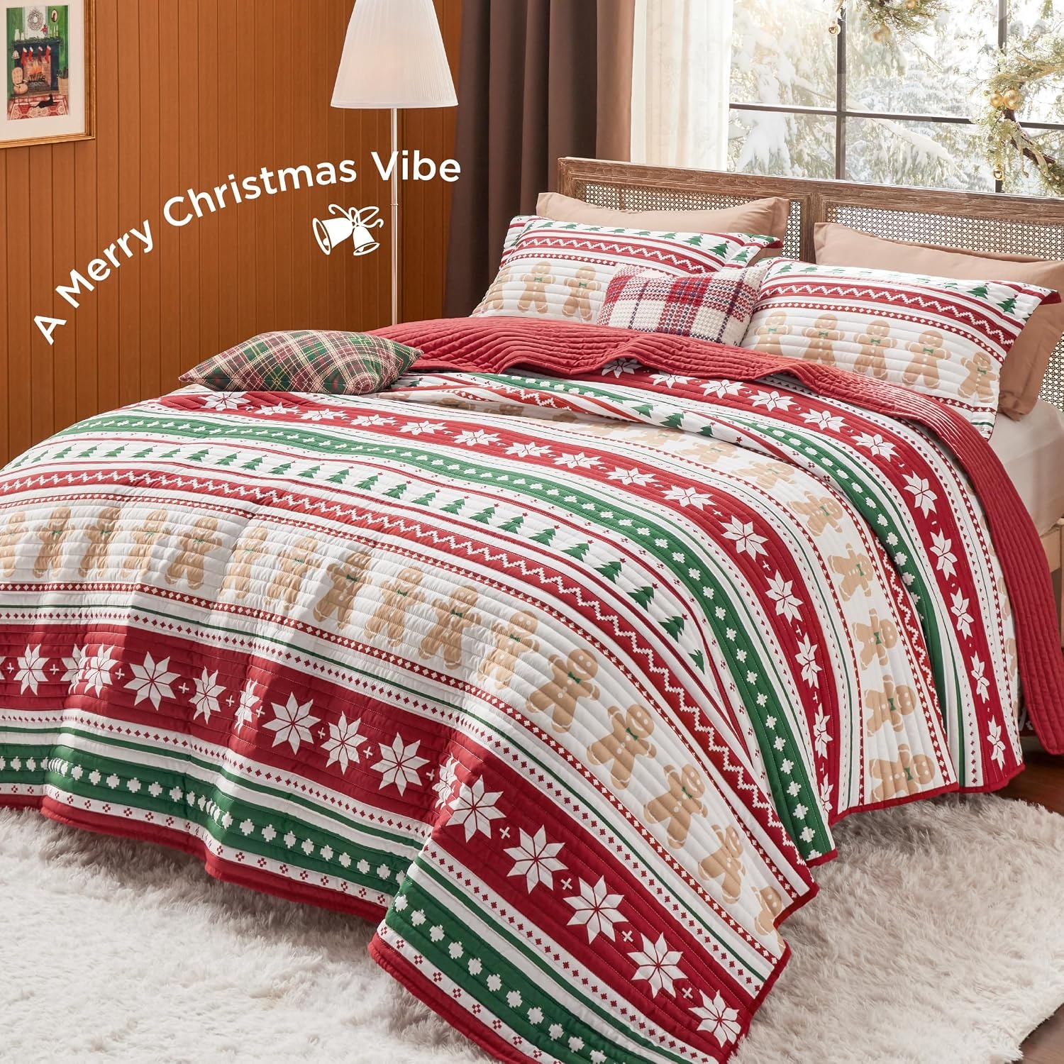 image:imageBedsure Floral Quilts Queen Size Reversible Botanical Floral Comforter Bedding Bedspread Coverlet Lightweight AllSeason Comfort Green amp White Plaid Parttern Machine Washable 90x96 3 Pcs16 Gingerbread Man