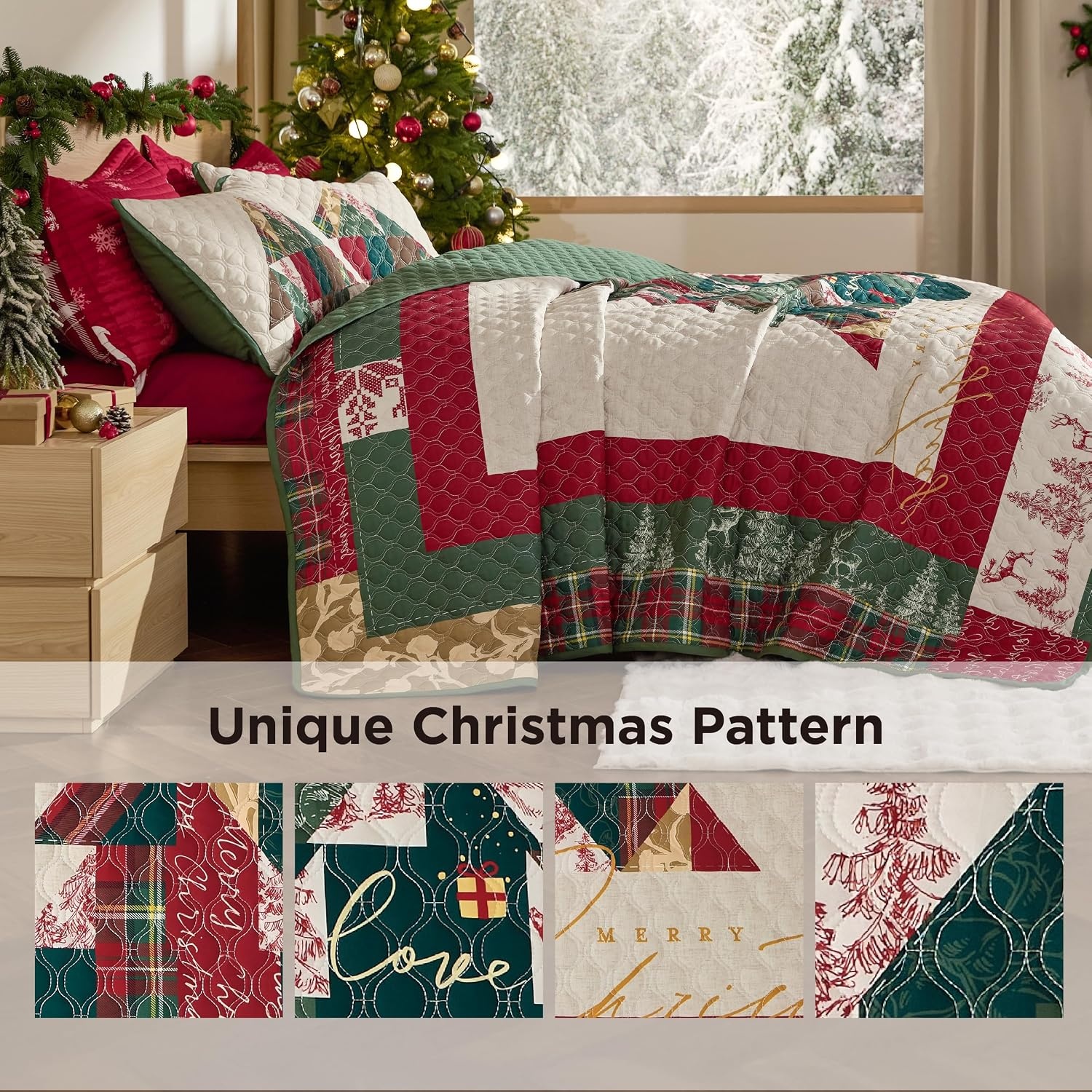 image:imageBedsure Floral Quilts Queen Size Reversible Botanical Floral Comforter Bedding Bedspread Coverlet Lightweight AllSeason Comfort Green amp White Plaid Parttern Machine Washable 90x96 3 Pcs18 Christmas Tree