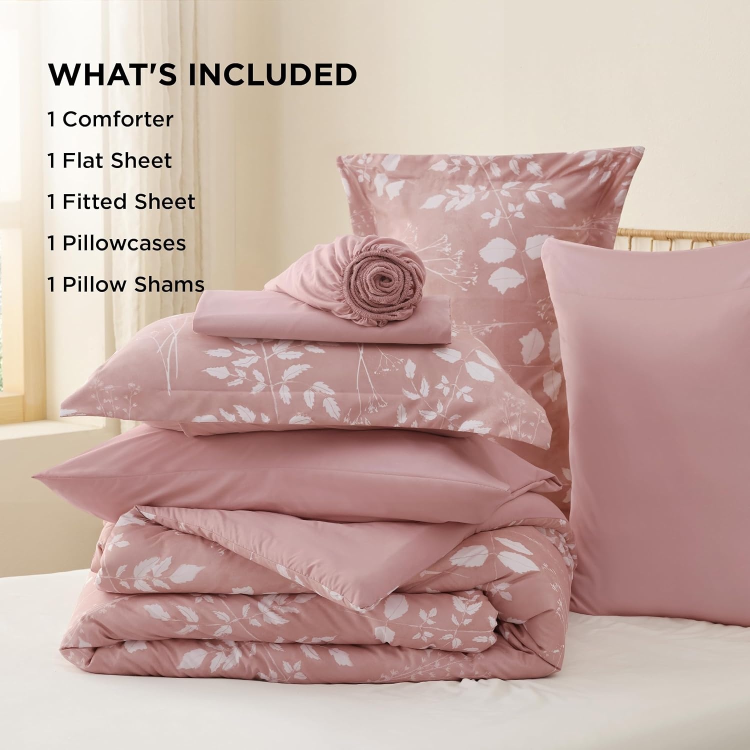 image:imageBedsure Full Size Comforter Set 7 Pieces Floral Sage Green Soft Bedding Sets Full Bed in a Bag with Botanical Flowers Comforter Sheets Pillowcases amp Shams08 Rose Pink