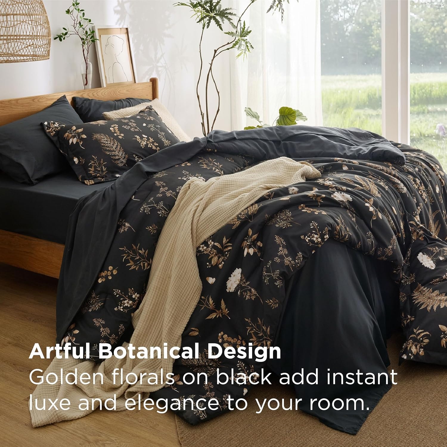 image:imageBedsure Full Size Comforter Set 7 Pieces Floral Sage Green Soft Bedding Sets Full Bed in a Bag with Botanical Flowers Comforter Sheets Pillowcases amp Shams10 Black