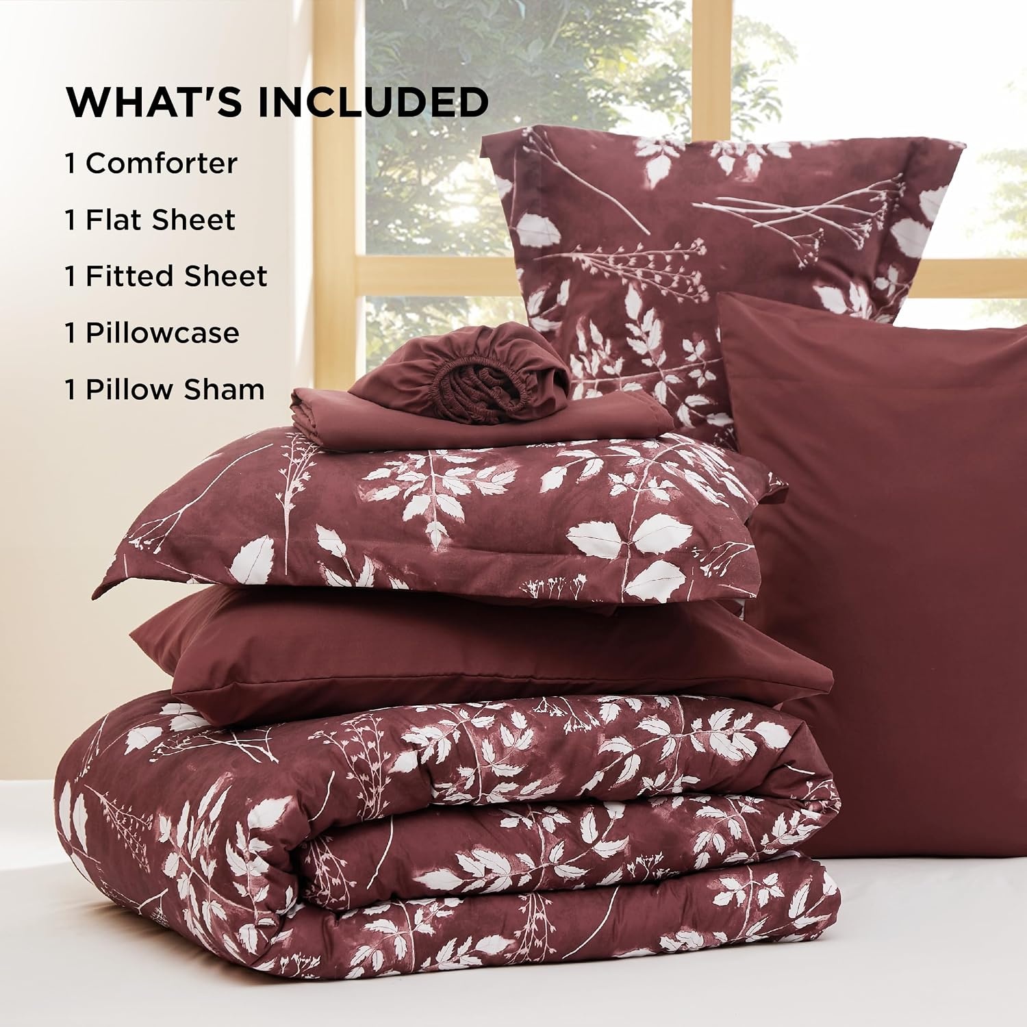 image:imageBedsure Full Size Comforter Set 7 Pieces Floral Sage Green Soft Bedding Sets Full Bed in a Bag with Botanical Flowers Comforter Sheets Pillowcases amp Shams14 Burgundy