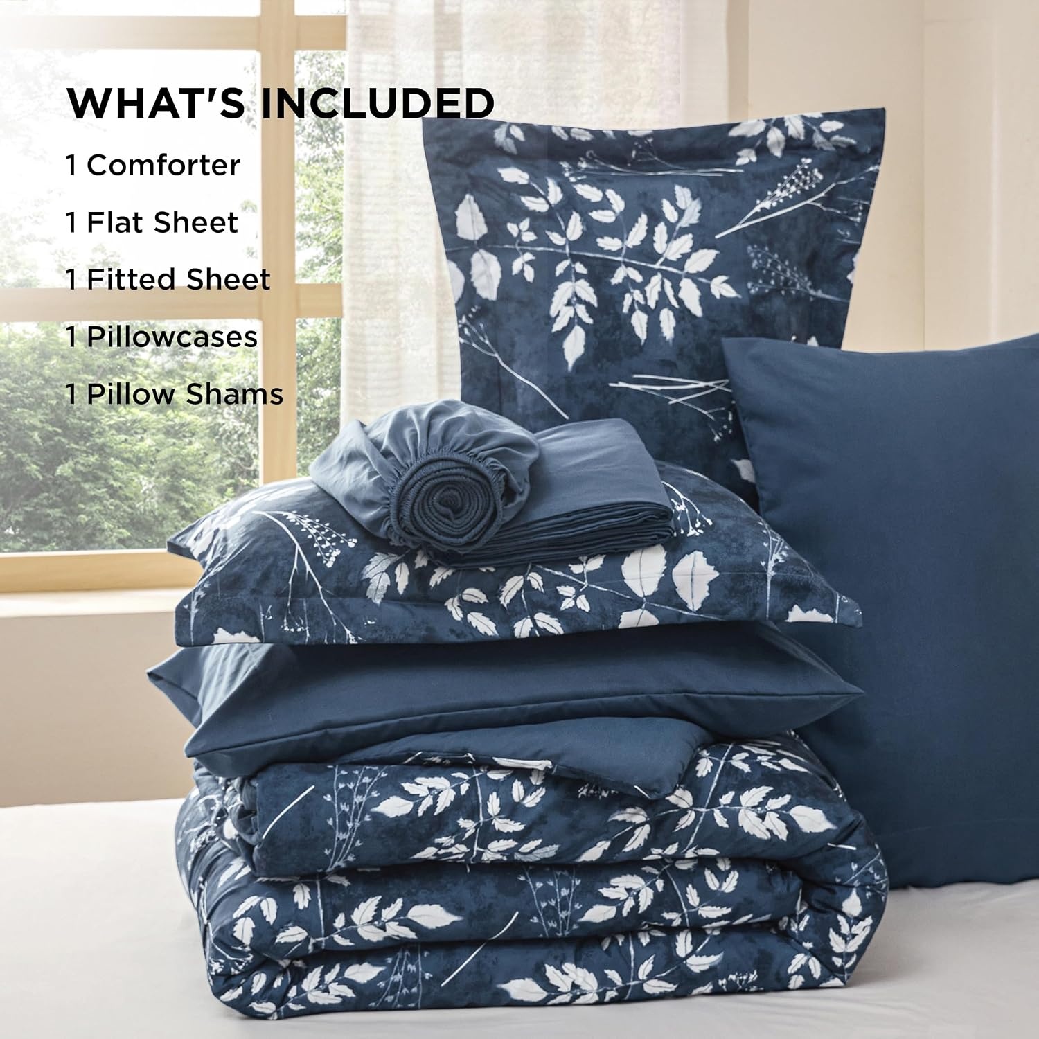 image:imageBedsure Full Size Comforter Set 7 Pieces Floral Sage Green Soft Bedding Sets Full Bed in a Bag with Botanical Flowers Comforter Sheets Pillowcases amp Shams05 Navy