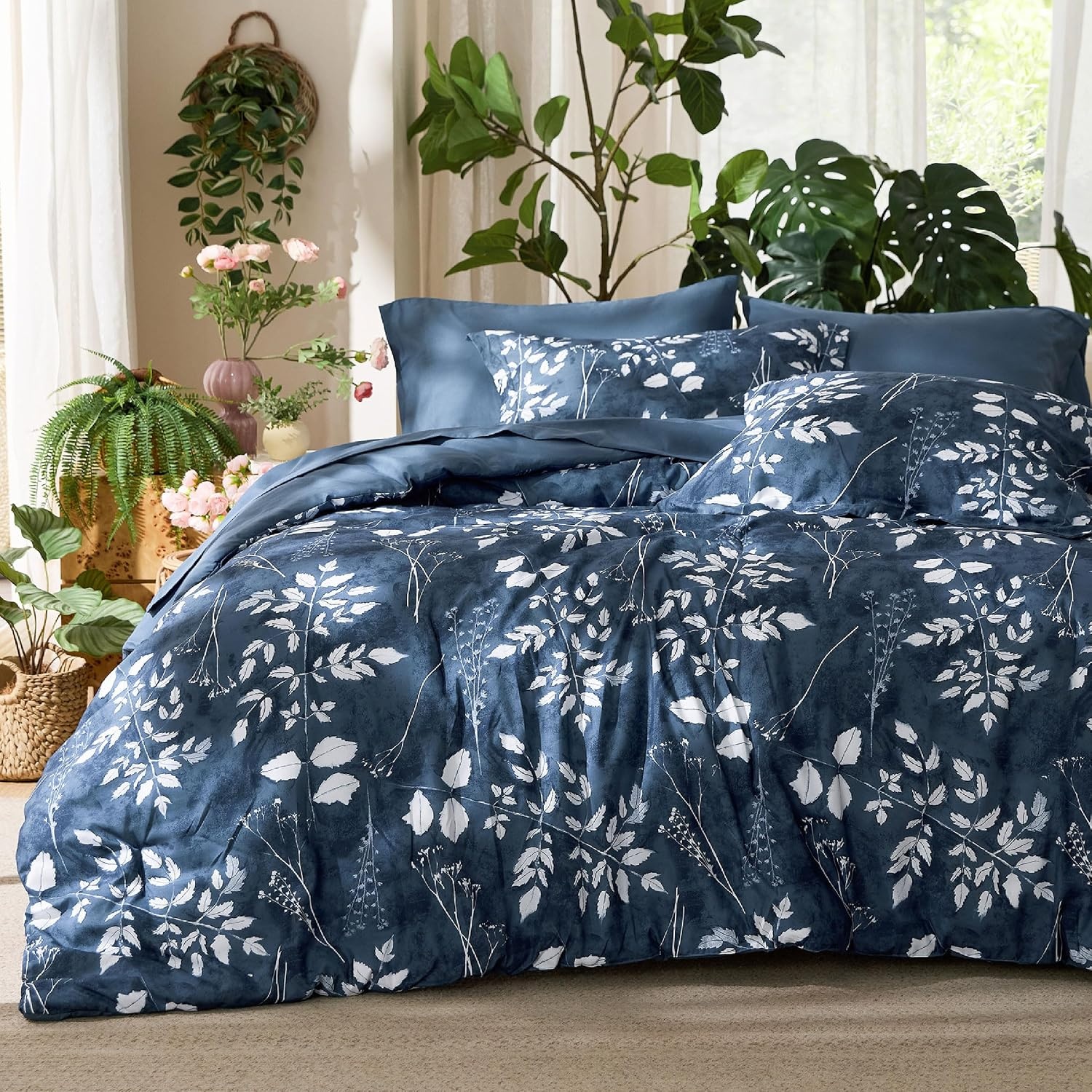 image:imageBedsure Full Size Comforter Set 7 Pieces Floral Sage Green Soft Bedding Sets Full Bed in a Bag with Botanical Flowers Comforter Sheets Pillowcases amp Shams05 Navy
