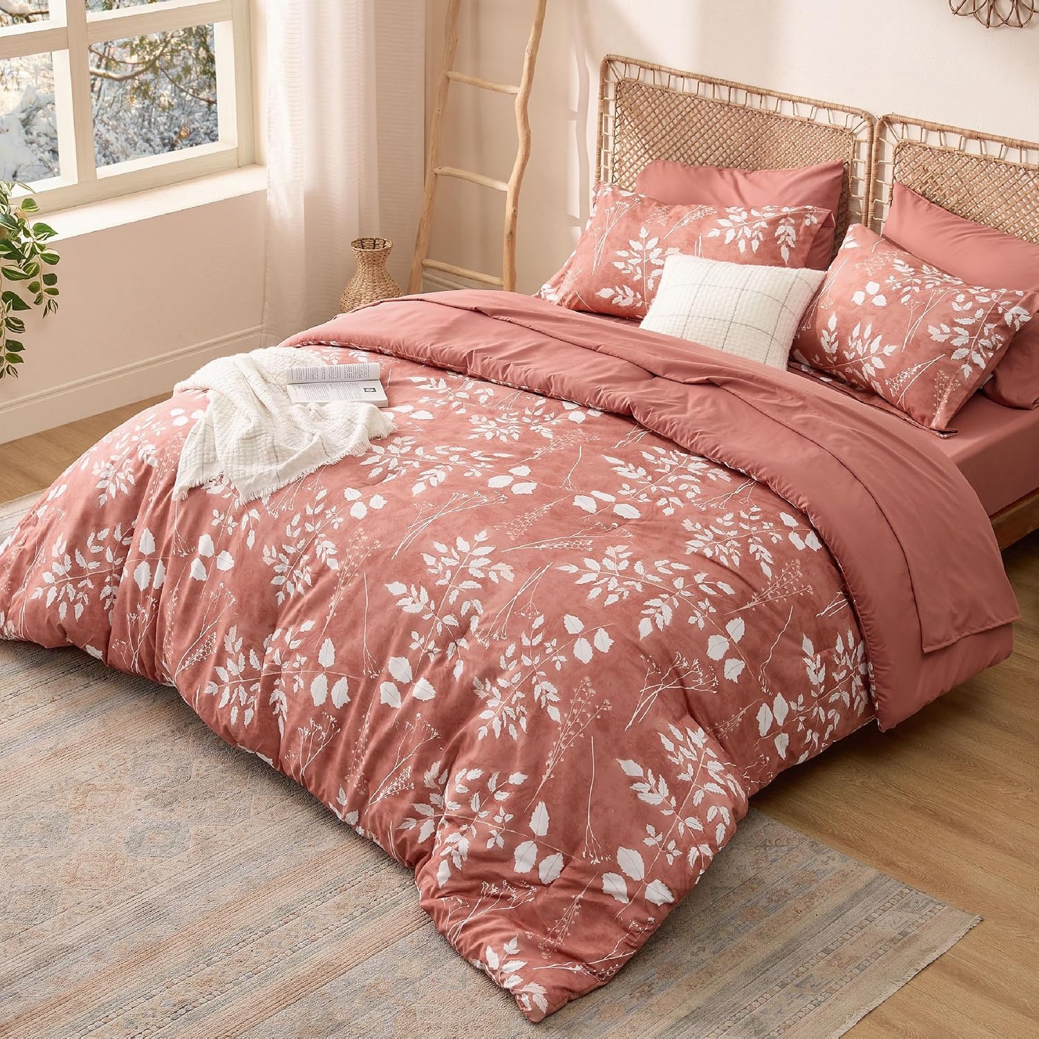 image:imageBedsure Full Size Comforter Set 7 Pieces Floral Sage Green Soft Bedding Sets Full Bed in a Bag with Botanical Flowers Comforter Sheets Pillowcases amp Shams12 Dusty Pink