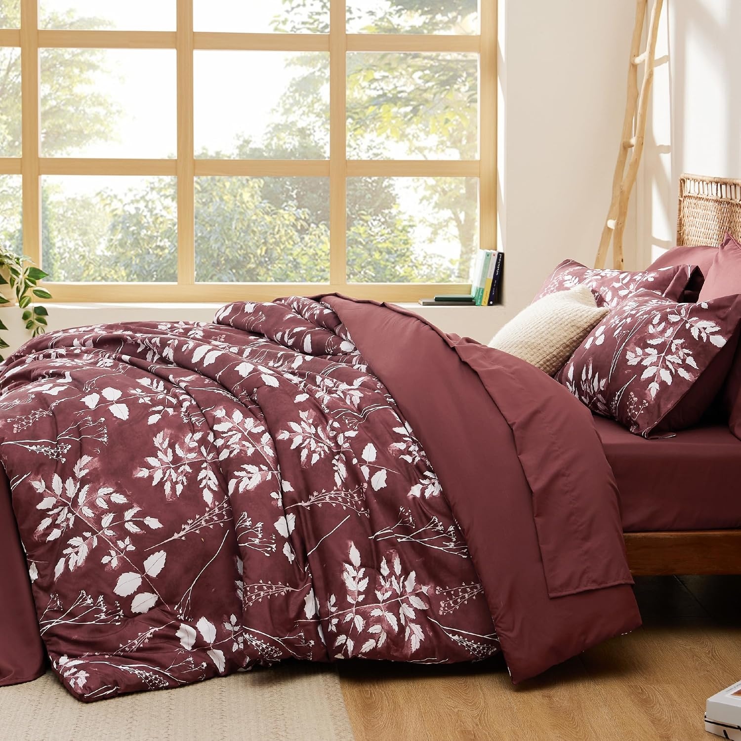 image:imageBedsure Full Size Comforter Set 7 Pieces Floral Sage Green Soft Bedding Sets Full Bed in a Bag with Botanical Flowers Comforter Sheets Pillowcases amp Shams14 Burgundy