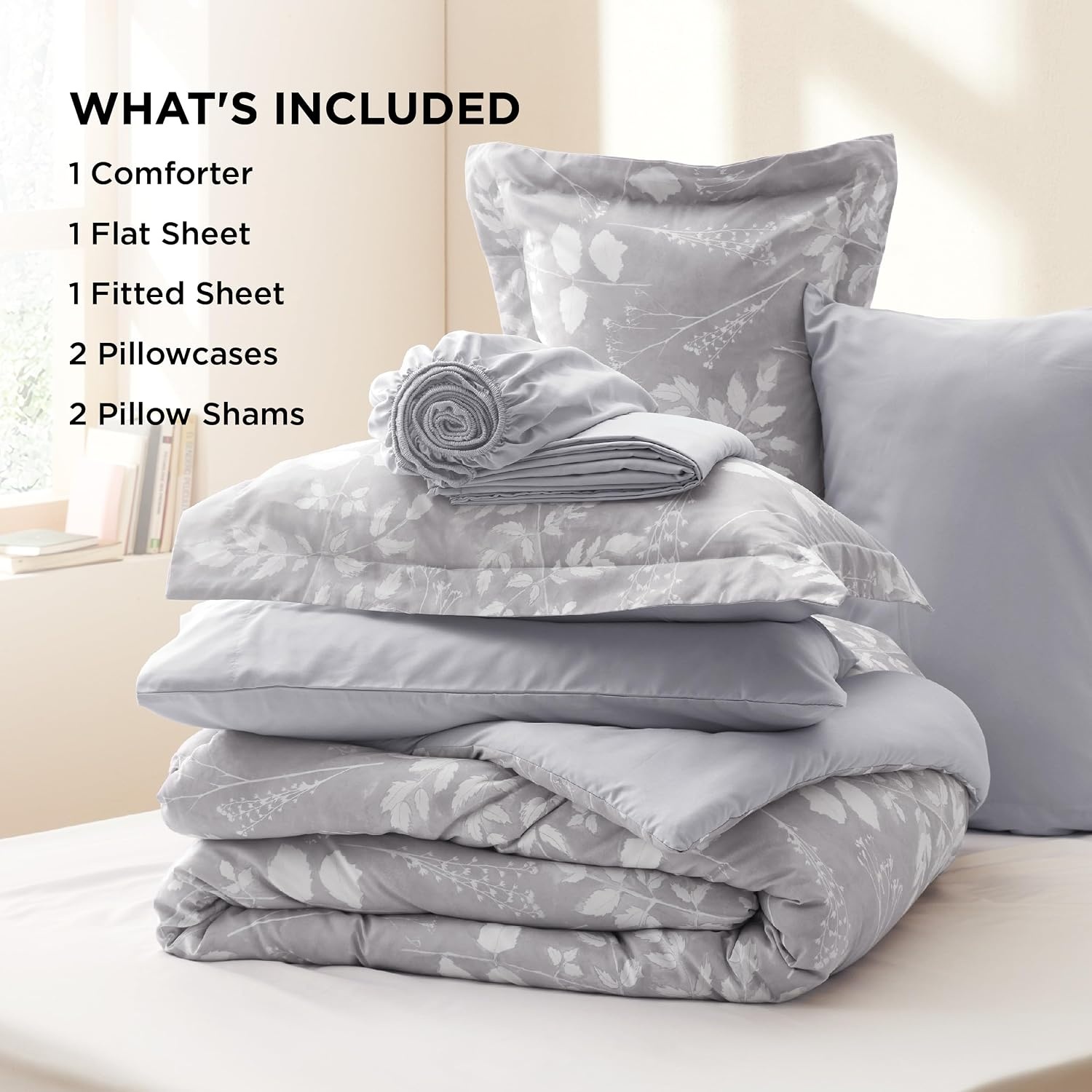image:imageBedsure Full Size Comforter Set 7 Pieces Floral Sage Green Soft Bedding Sets Full Bed in a Bag with Botanical Flowers Comforter Sheets Pillowcases amp Shams13 Grey