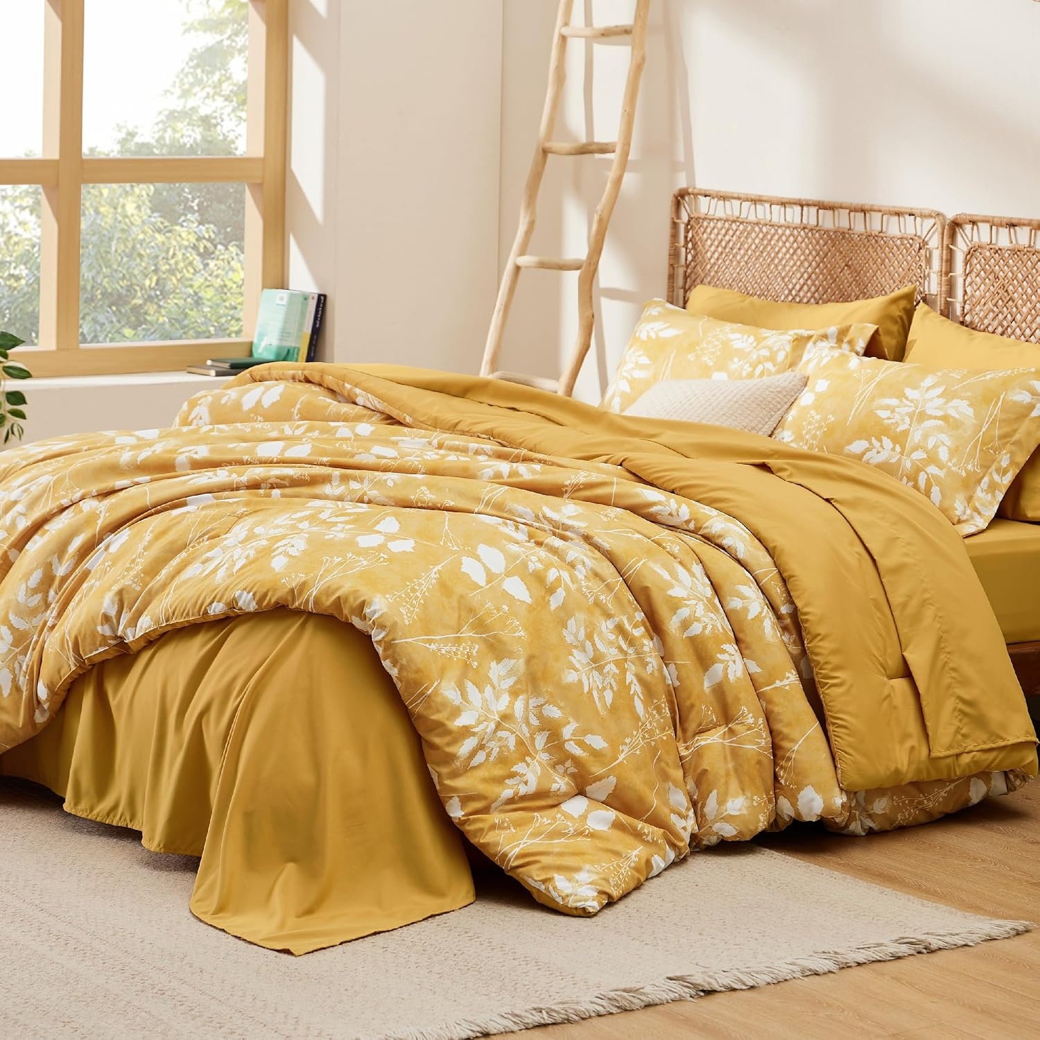 image:imageBedsure Full Size Comforter Set 7 Pieces Floral Sage Green Soft Bedding Sets Full Bed in a Bag with Botanical Flowers Comforter Sheets Pillowcases amp Shams06 Yellow