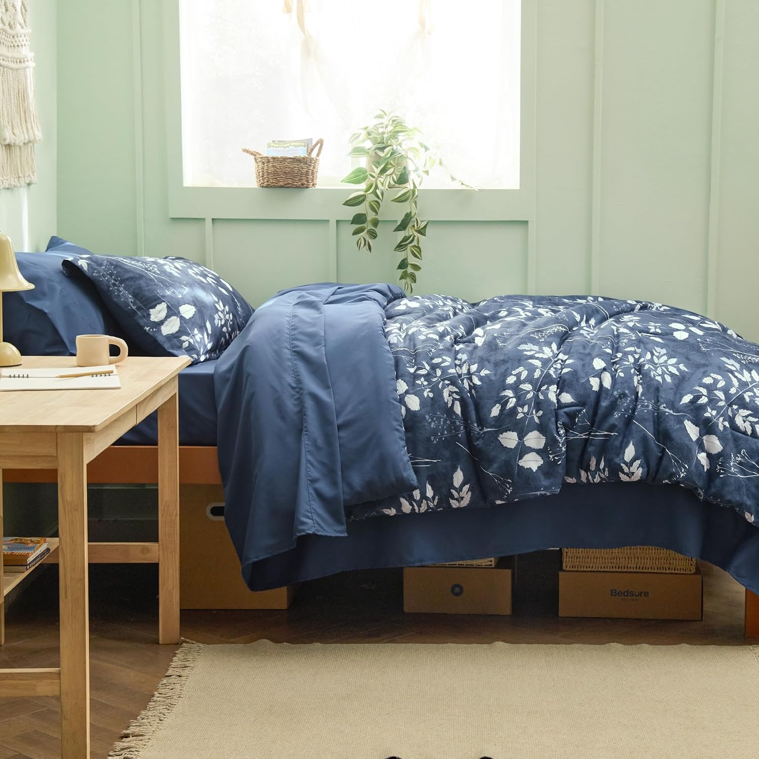 image:imageBedsure Full Size Comforter Set 7 Pieces Floral Sage Green Soft Bedding Sets Full Bed in a Bag with Botanical Flowers Comforter Sheets Pillowcases amp Shams05 Navy