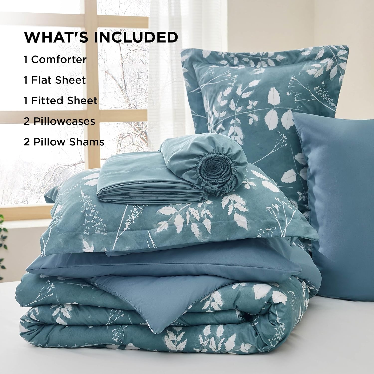 image:imageBedsure Full Size Comforter Set 7 Pieces Floral Sage Green Soft Bedding Sets Full Bed in a Bag with Botanical Flowers Comforter Sheets Pillowcases amp Shams08 Mineral Blue