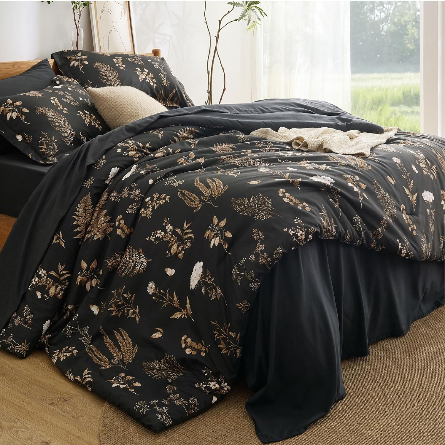 image:imageBedsure Full Size Comforter Set 7 Pieces Floral Sage Green Soft Bedding Sets Full Bed in a Bag with Botanical Flowers Comforter Sheets Pillowcases amp Shams10 Black
