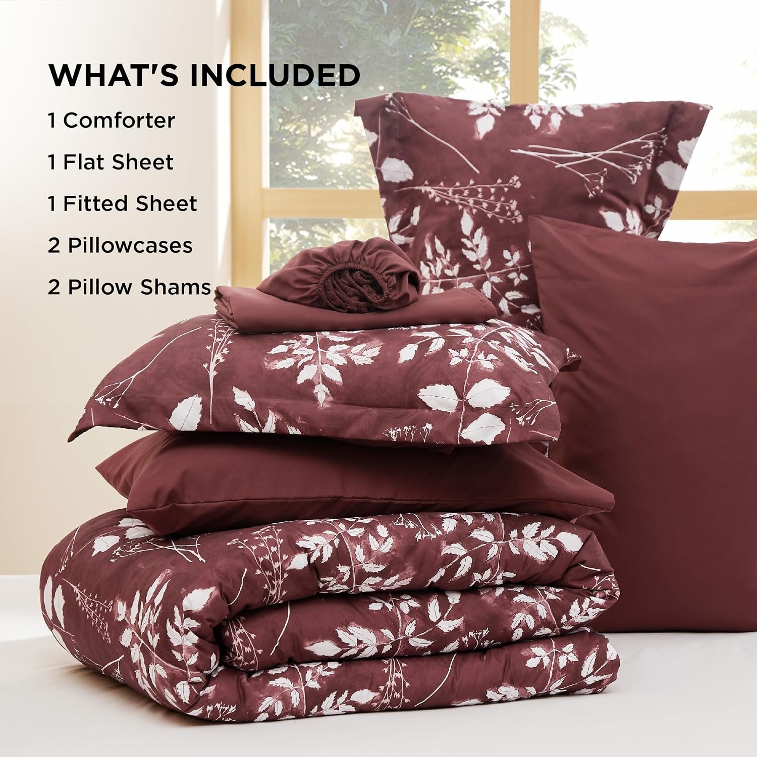 image:imageBedsure Full Size Comforter Set 7 Pieces Floral Sage Green Soft Bedding Sets Full Bed in a Bag with Botanical Flowers Comforter Sheets Pillowcases amp Shams14 Burgundy