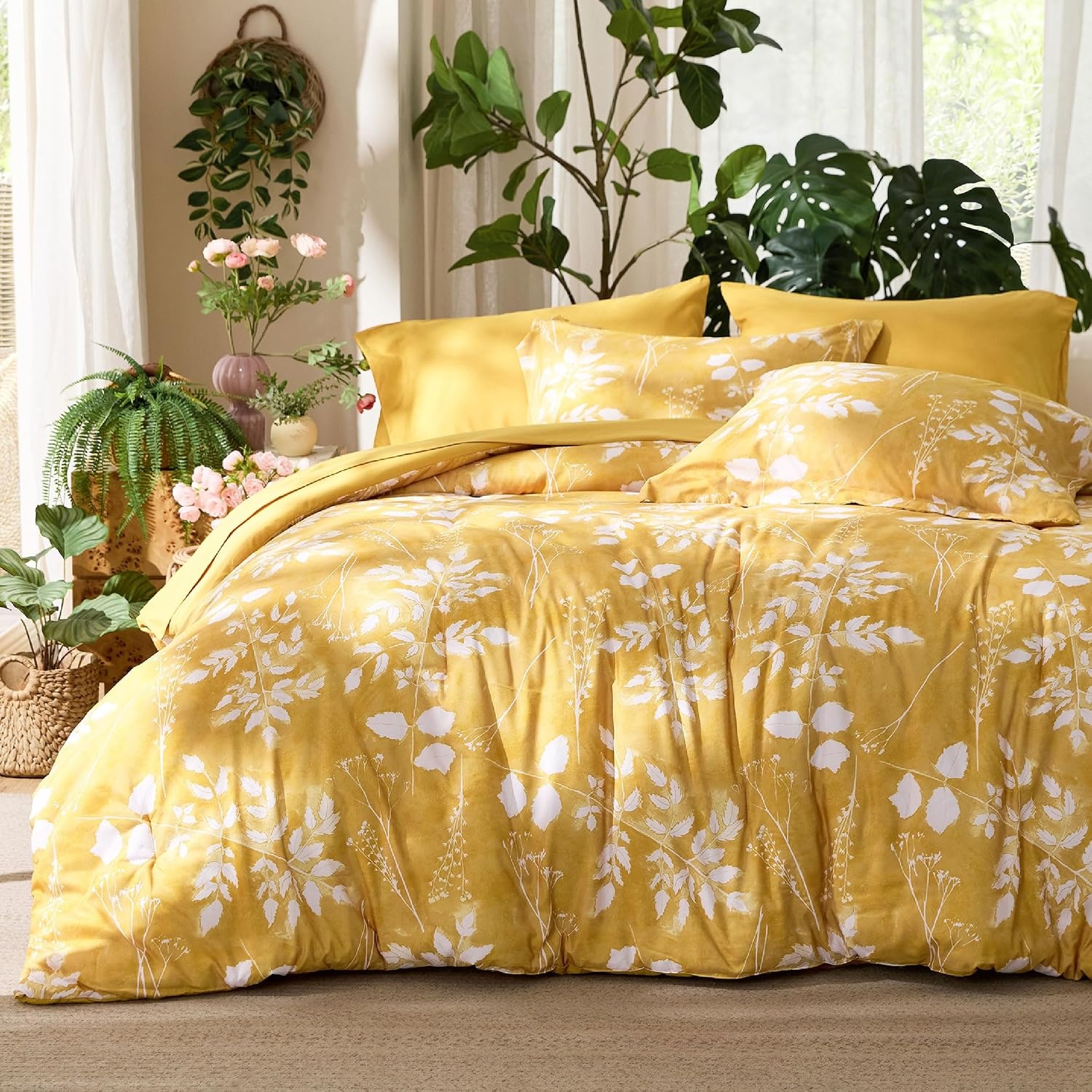 image:imageBedsure Full Size Comforter Set 7 Pieces Floral Sage Green Soft Bedding Sets Full Bed in a Bag with Botanical Flowers Comforter Sheets Pillowcases amp Shams06 Yellow
