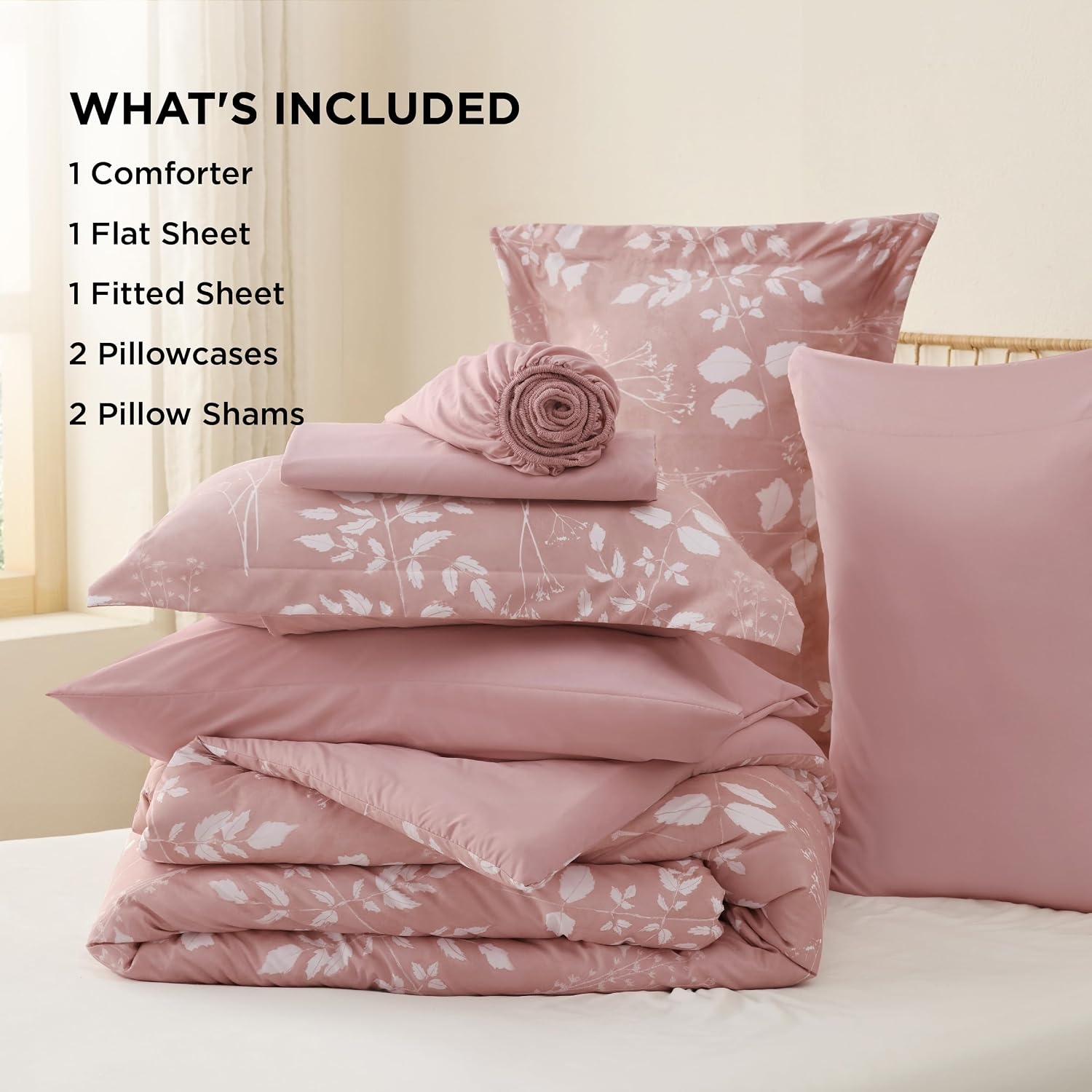 image:imageBedsure Full Size Comforter Set 7 Pieces Floral Sage Green Soft Bedding Sets Full Bed in a Bag with Botanical Flowers Comforter Sheets Pillowcases amp Shams08 Rose Pink