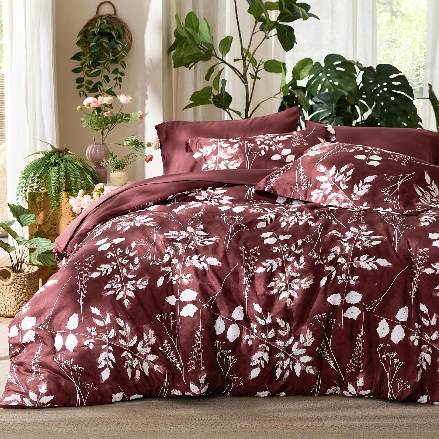 image:imageBedsure Full Size Comforter Set 7 Pieces Floral Sage Green Soft Bedding Sets Full Bed in a Bag with Botanical Flowers Comforter Sheets Pillowcases amp Shams14 Burgundy