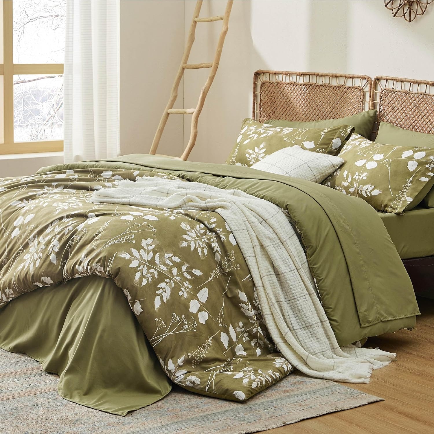 image:imageBedsure Full Size Comforter Set 7 Pieces Floral Sage Green Soft Bedding Sets Full Bed in a Bag with Botanical Flowers Comforter Sheets Pillowcases amp Shams14 Olive Green
