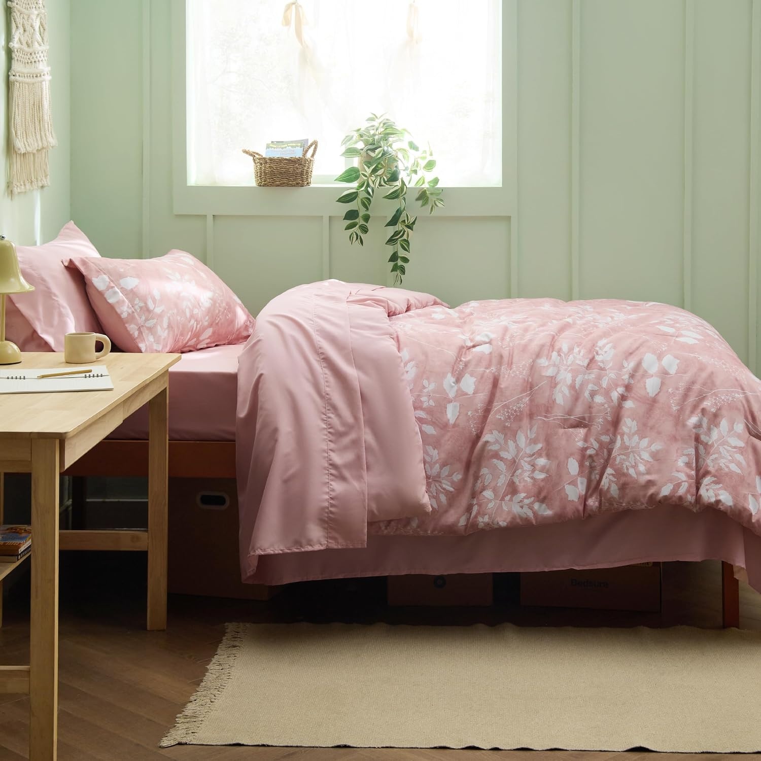 image:imageBedsure Full Size Comforter Set 7 Pieces Floral Sage Green Soft Bedding Sets Full Bed in a Bag with Botanical Flowers Comforter Sheets Pillowcases amp Shams03 Pink