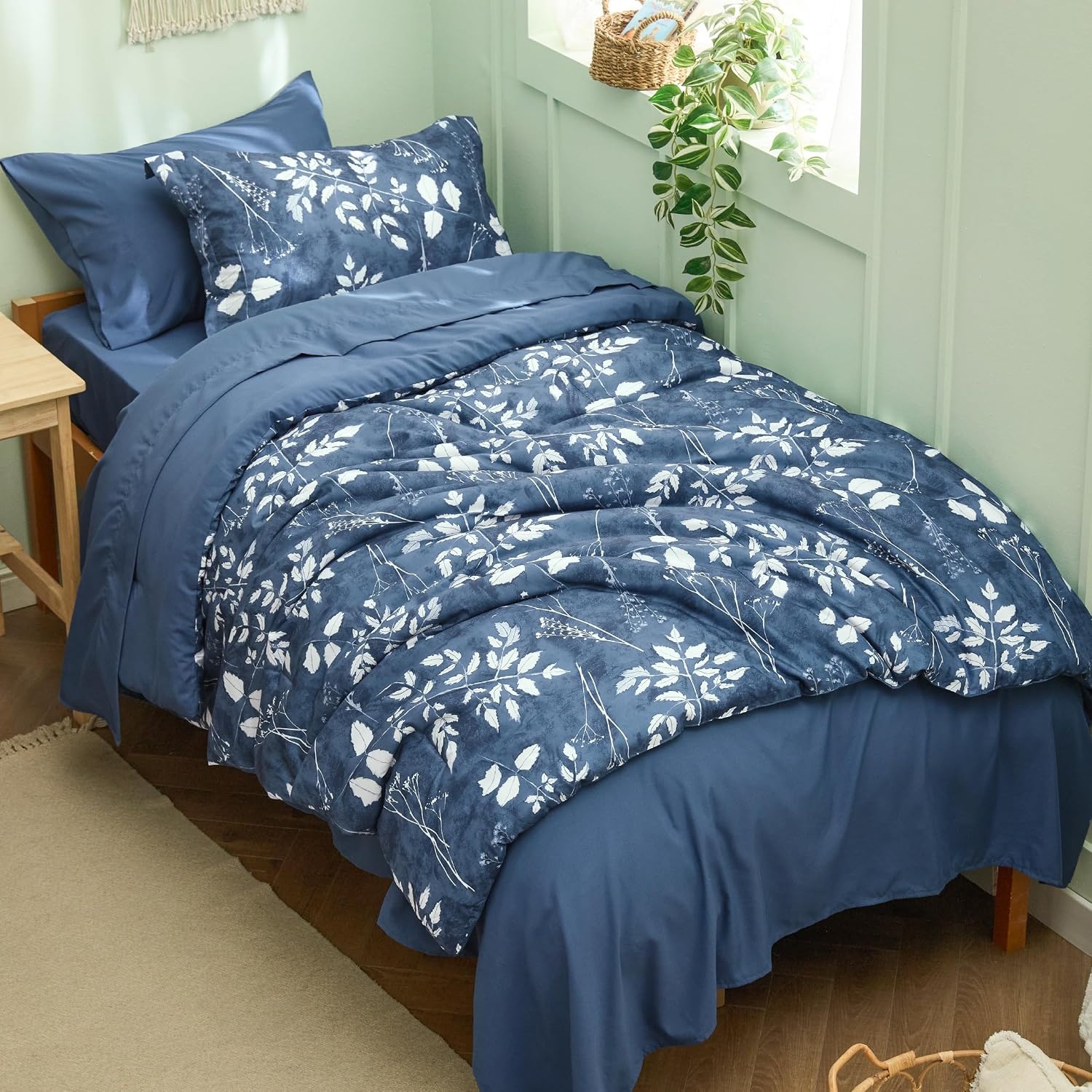 image:imageBedsure Full Size Comforter Set 7 Pieces Floral Sage Green Soft Bedding Sets Full Bed in a Bag with Botanical Flowers Comforter Sheets Pillowcases amp Shams05 Navy
