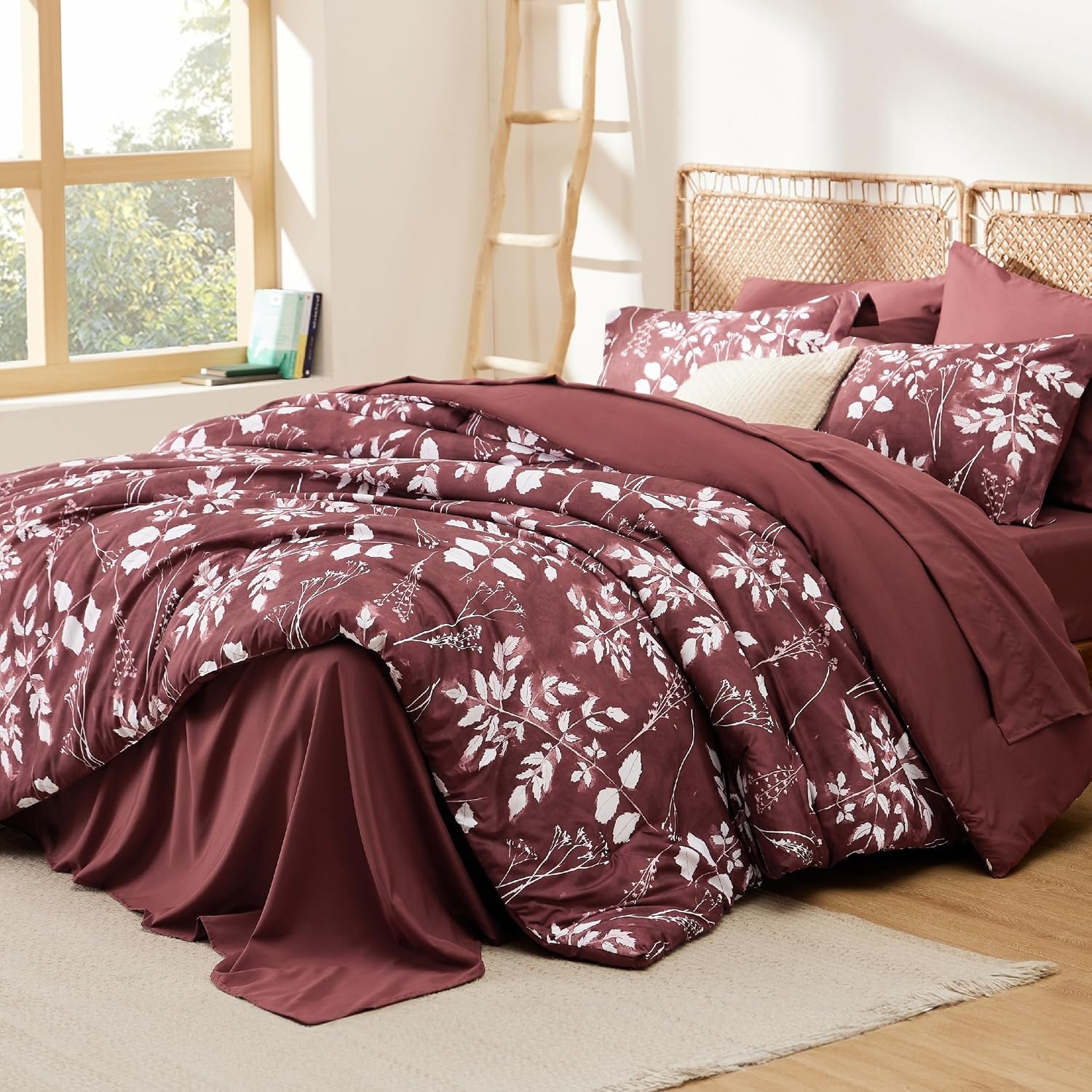 image:imageBedsure Full Size Comforter Set 7 Pieces Floral Sage Green Soft Bedding Sets Full Bed in a Bag with Botanical Flowers Comforter Sheets Pillowcases amp Shams14 Burgundy