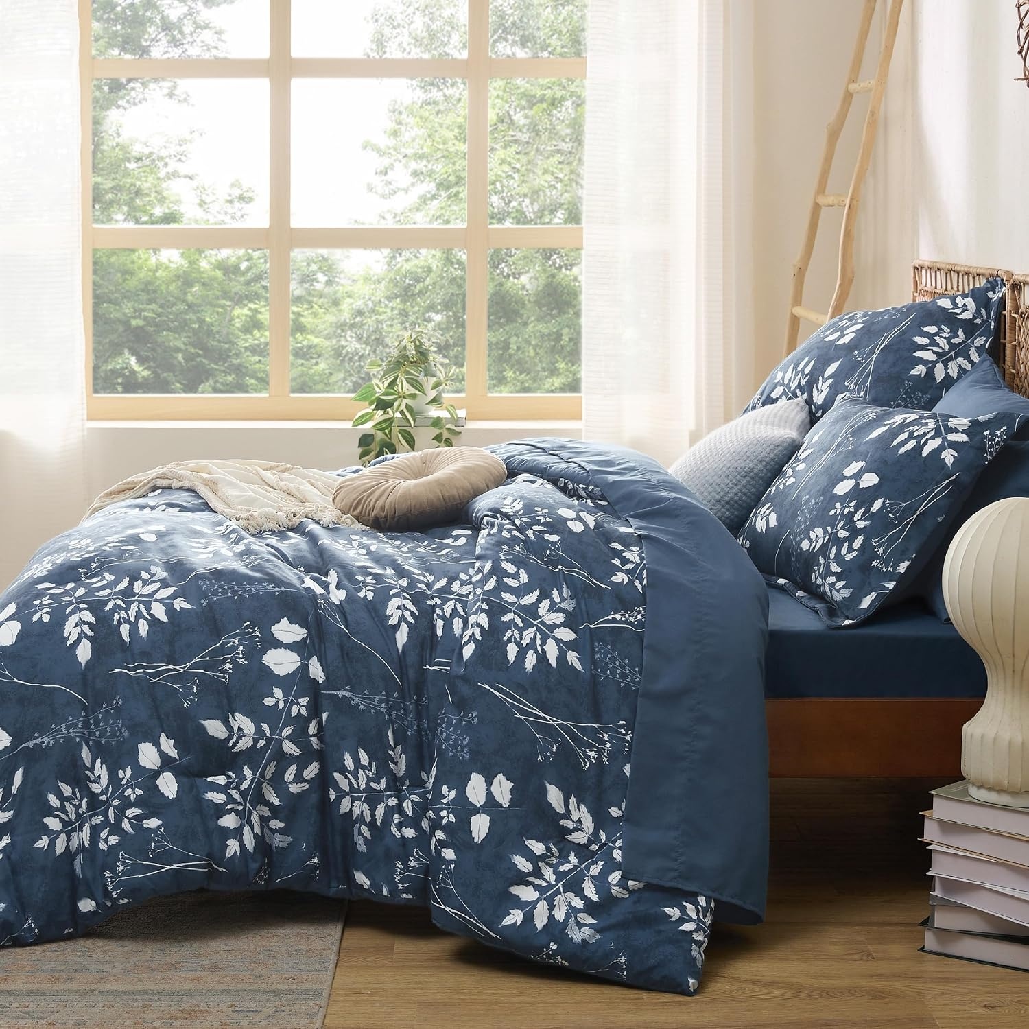 image:imageBedsure Full Size Comforter Set 7 Pieces Floral Sage Green Soft Bedding Sets Full Bed in a Bag with Botanical Flowers Comforter Sheets Pillowcases amp Shams05 Navy