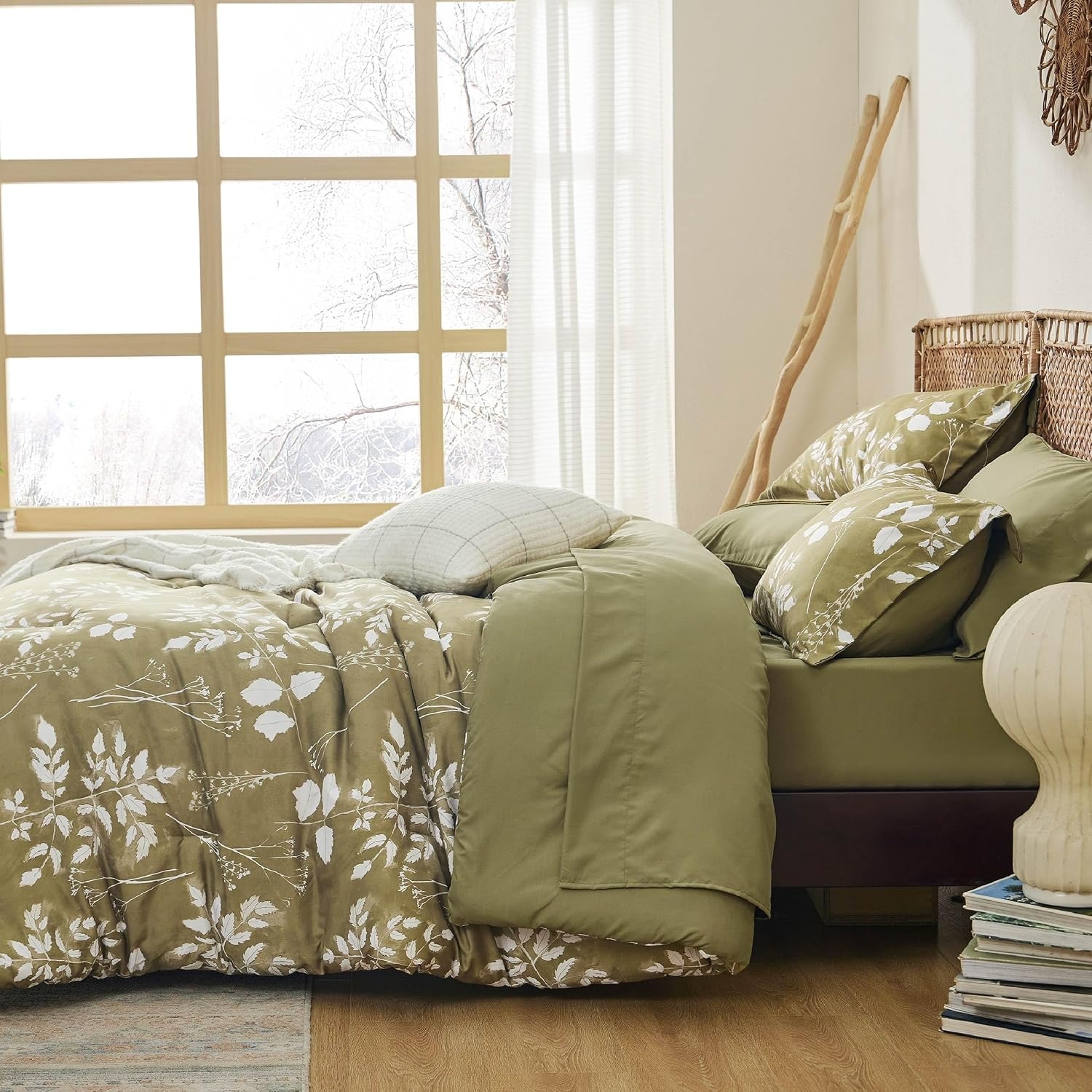 image:imageBedsure Full Size Comforter Set 7 Pieces Floral Sage Green Soft Bedding Sets Full Bed in a Bag with Botanical Flowers Comforter Sheets Pillowcases amp Shams14 Olive Green