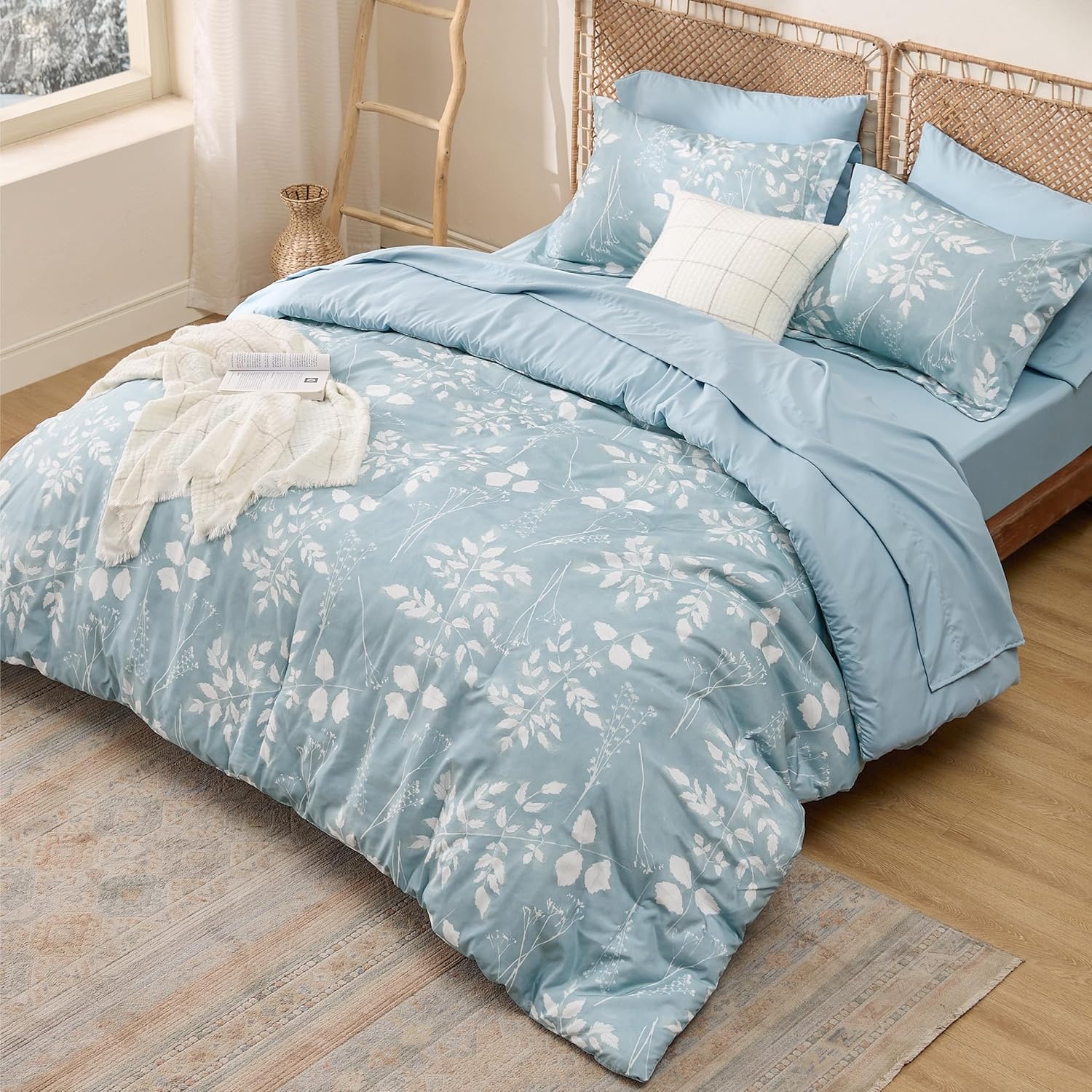 image:imageBedsure Full Size Comforter Set 7 Pieces Floral Sage Green Soft Bedding Sets Full Bed in a Bag with Botanical Flowers Comforter Sheets Pillowcases amp Shams04 Sky Blue