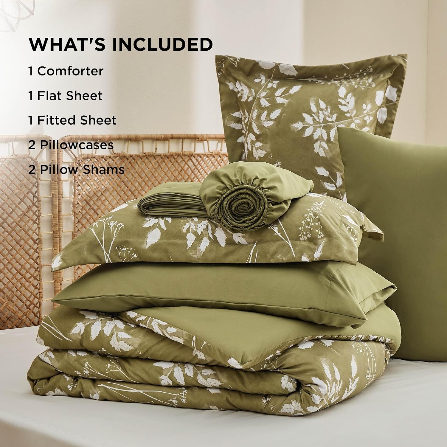 image:imageBedsure Full Size Comforter Set 7 Pieces Floral Sage Green Soft Bedding Sets Full Bed in a Bag with Botanical Flowers Comforter Sheets Pillowcases amp Shams14 Olive Green
