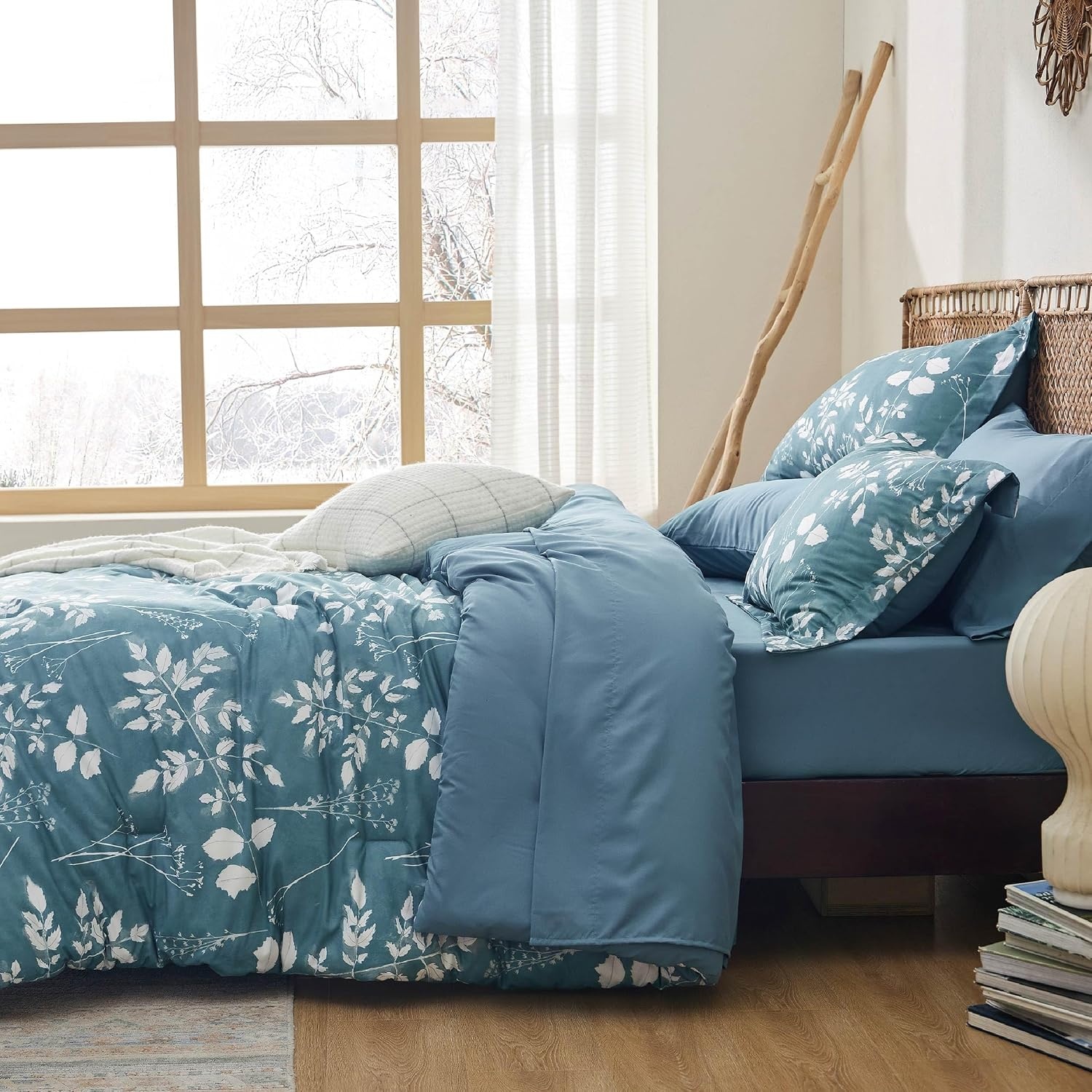 image:imageBedsure Full Size Comforter Set 7 Pieces Floral Sage Green Soft Bedding Sets Full Bed in a Bag with Botanical Flowers Comforter Sheets Pillowcases amp Shams08 Mineral Blue