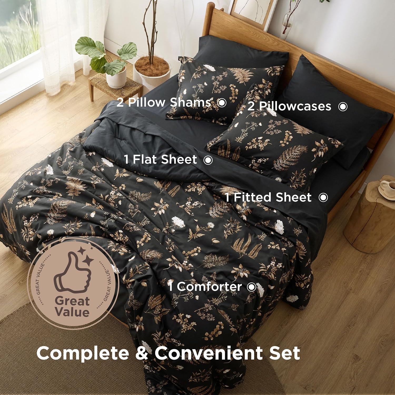 image:imageBedsure Full Size Comforter Set 7 Pieces Floral Sage Green Soft Bedding Sets Full Bed in a Bag with Botanical Flowers Comforter Sheets Pillowcases amp Shams10 Black