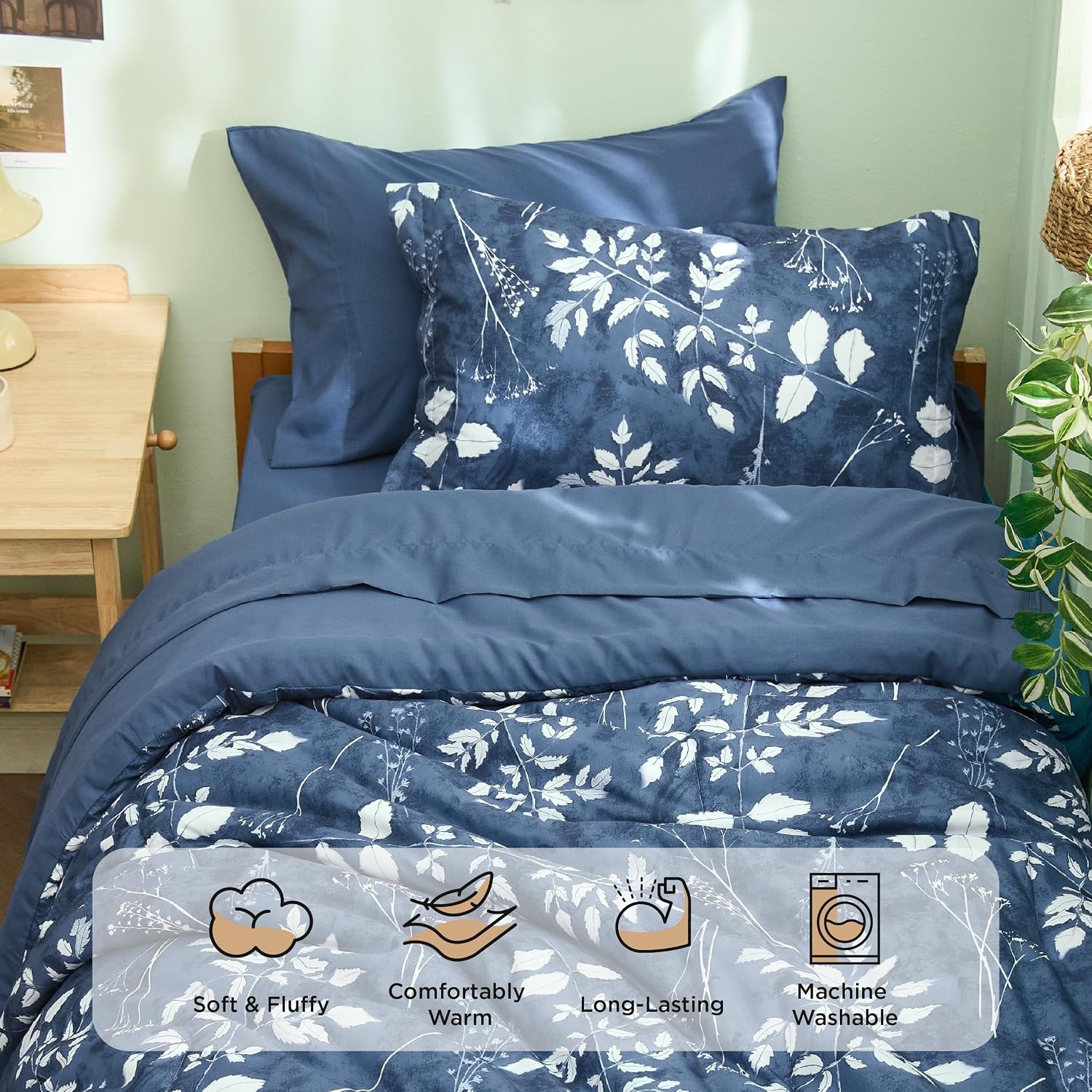 image:imageBedsure Full Size Comforter Set 7 Pieces Floral Sage Green Soft Bedding Sets Full Bed in a Bag with Botanical Flowers Comforter Sheets Pillowcases amp Shams05 Navy