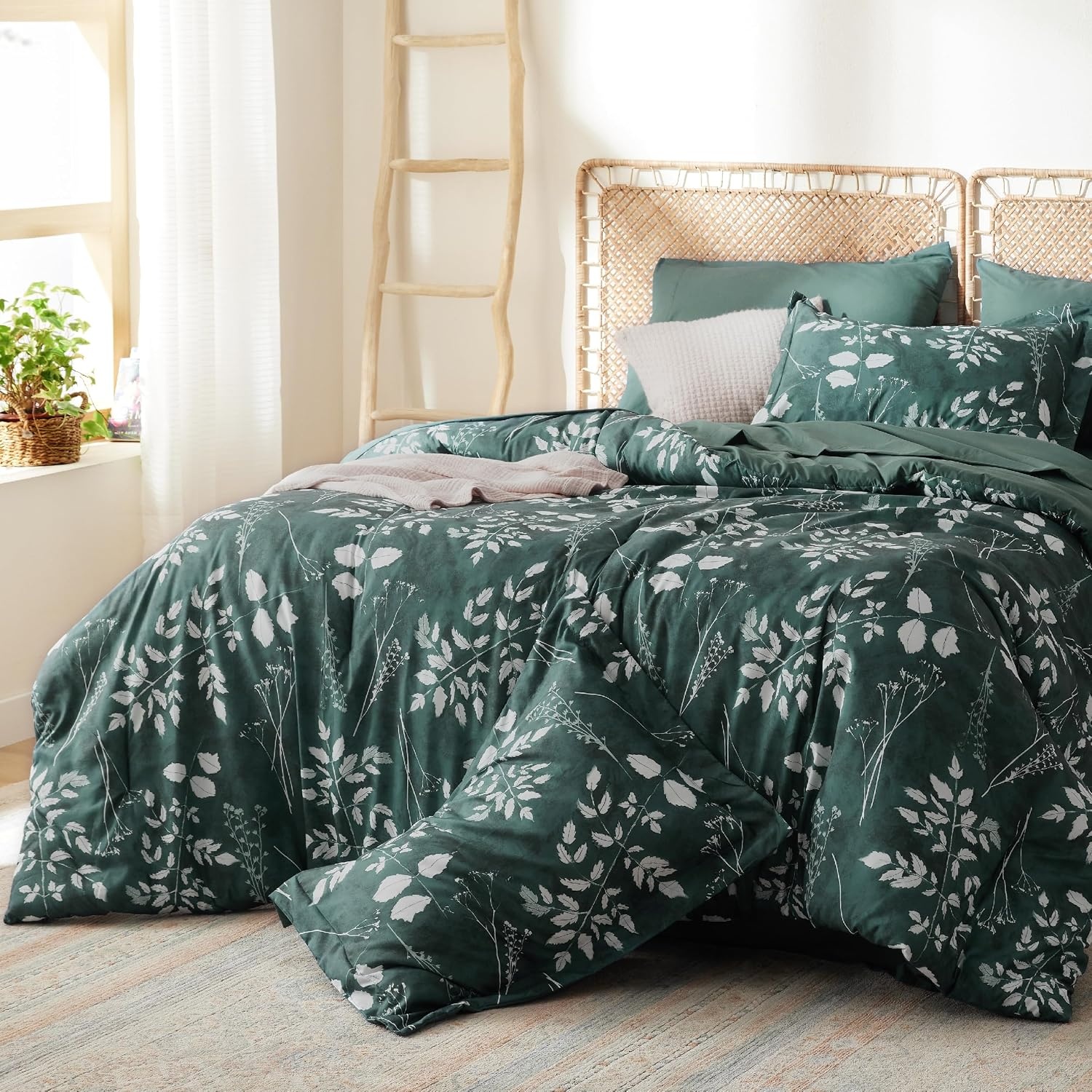 image:imageBedsure Full Size Comforter Set 7 Pieces Floral Sage Green Soft Bedding Sets Full Bed in a Bag with Botanical Flowers Comforter Sheets Pillowcases amp Shams10 Forest Green