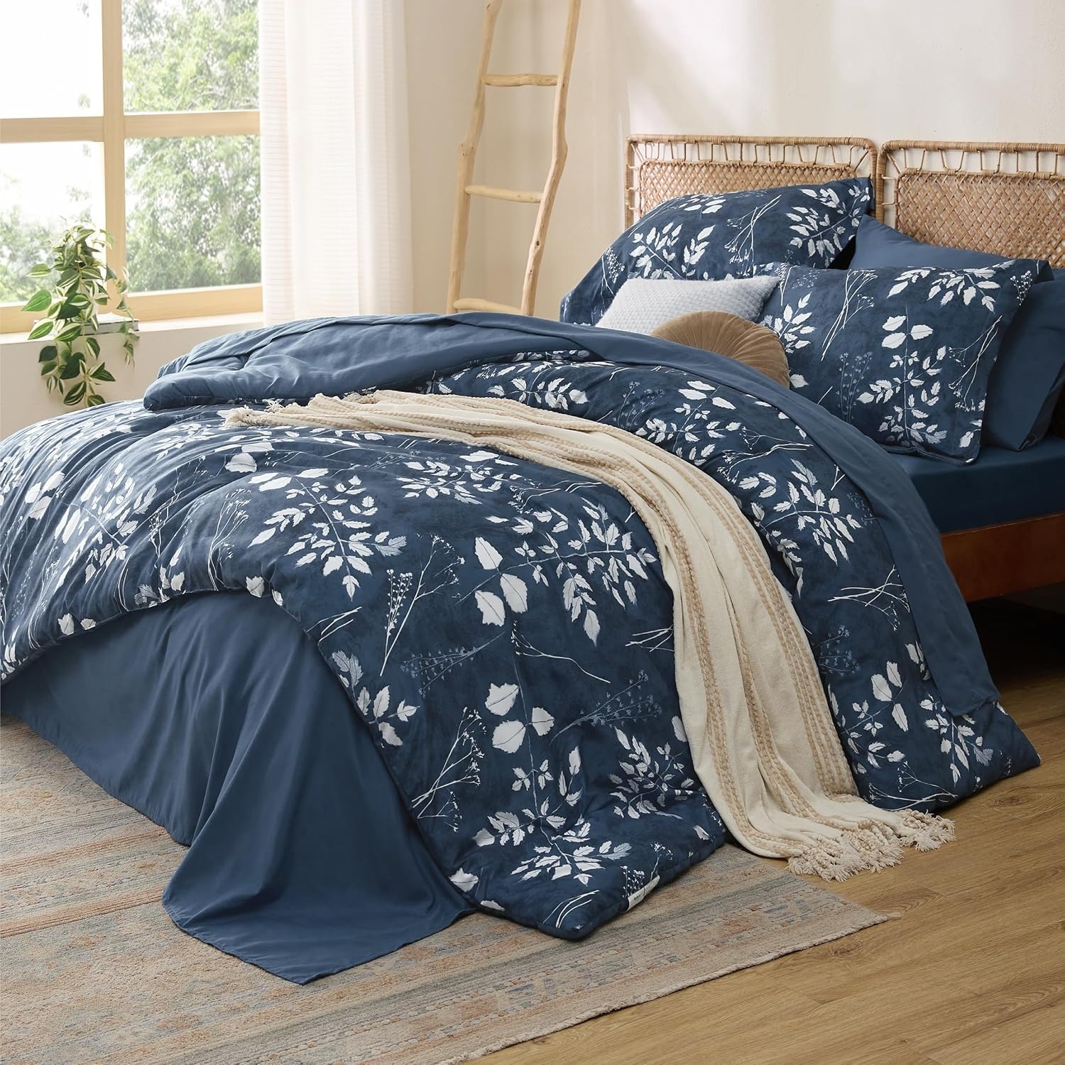 image:imageBedsure Full Size Comforter Set 7 Pieces Floral Sage Green Soft Bedding Sets Full Bed in a Bag with Botanical Flowers Comforter Sheets Pillowcases amp Shams05 Navy