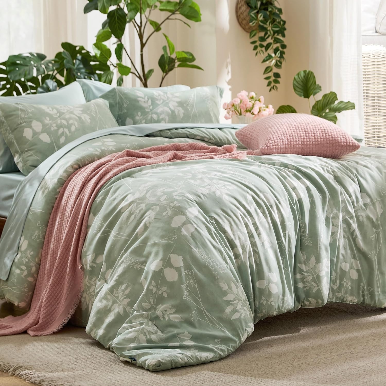 image:imageBedsure Full Size Comforter Set 7 Pieces Floral Sage Green Soft Bedding Sets Full Bed in a Bag with Botanical Flowers Comforter Sheets Pillowcases amp Shams01 Sage Green