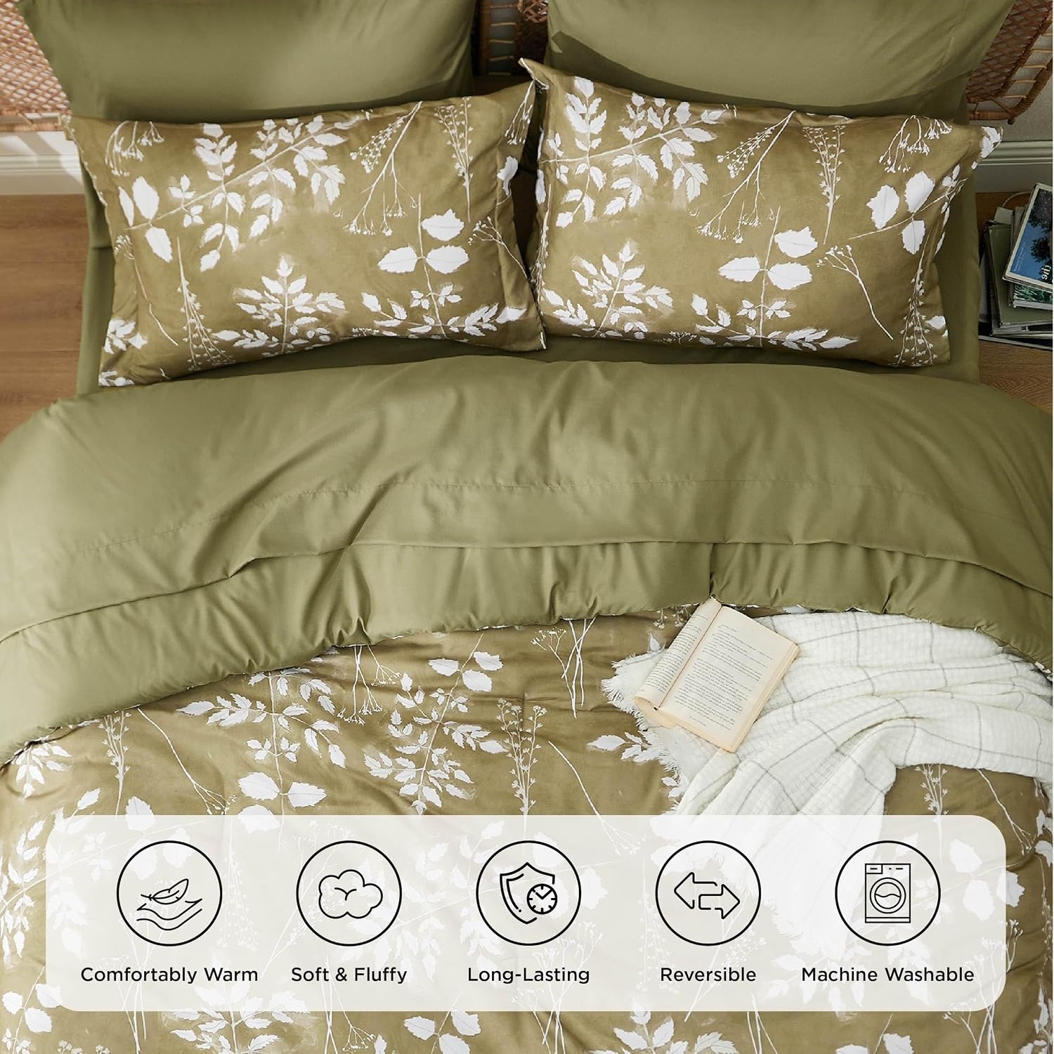 image:imageBedsure Full Size Comforter Set 7 Pieces Floral Sage Green Soft Bedding Sets Full Bed in a Bag with Botanical Flowers Comforter Sheets Pillowcases amp Shams14 Olive Green