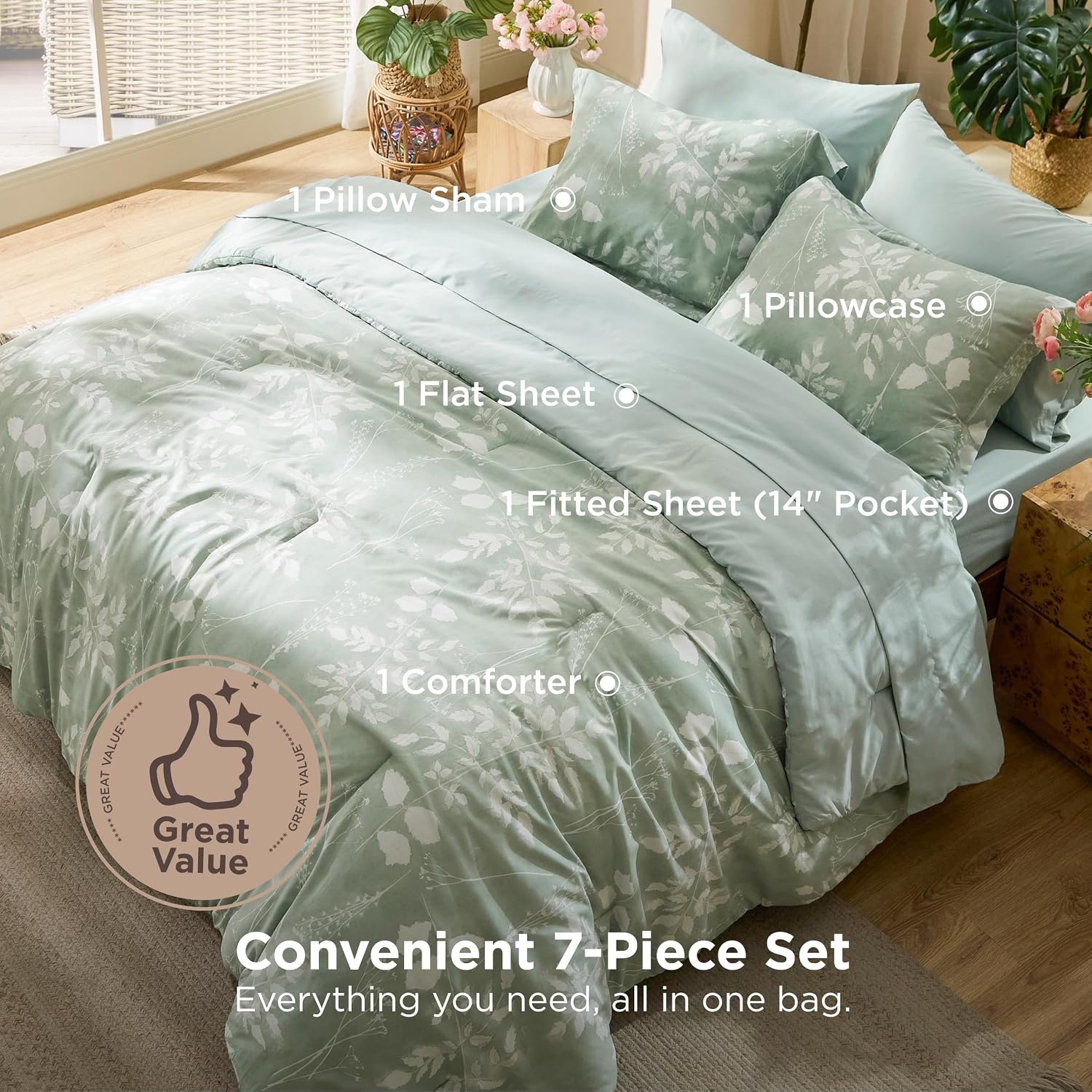 image:imageBedsure Full Size Comforter Set 7 Pieces Floral Sage Green Soft Bedding Sets Full Bed in a Bag with Botanical Flowers Comforter Sheets Pillowcases amp Shams01 Sage Green