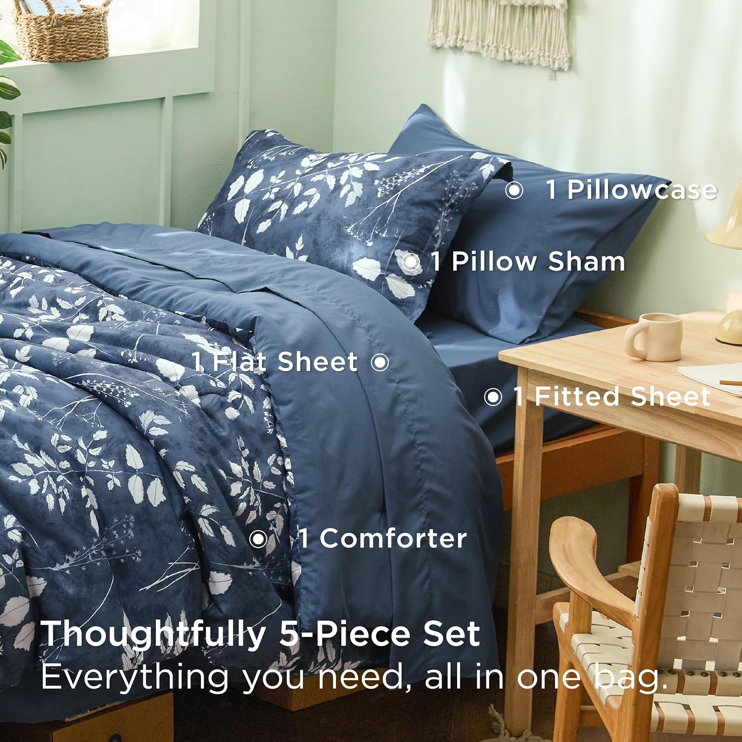 image:imageBedsure Full Size Comforter Set 7 Pieces Floral Sage Green Soft Bedding Sets Full Bed in a Bag with Botanical Flowers Comforter Sheets Pillowcases amp Shams05 Navy