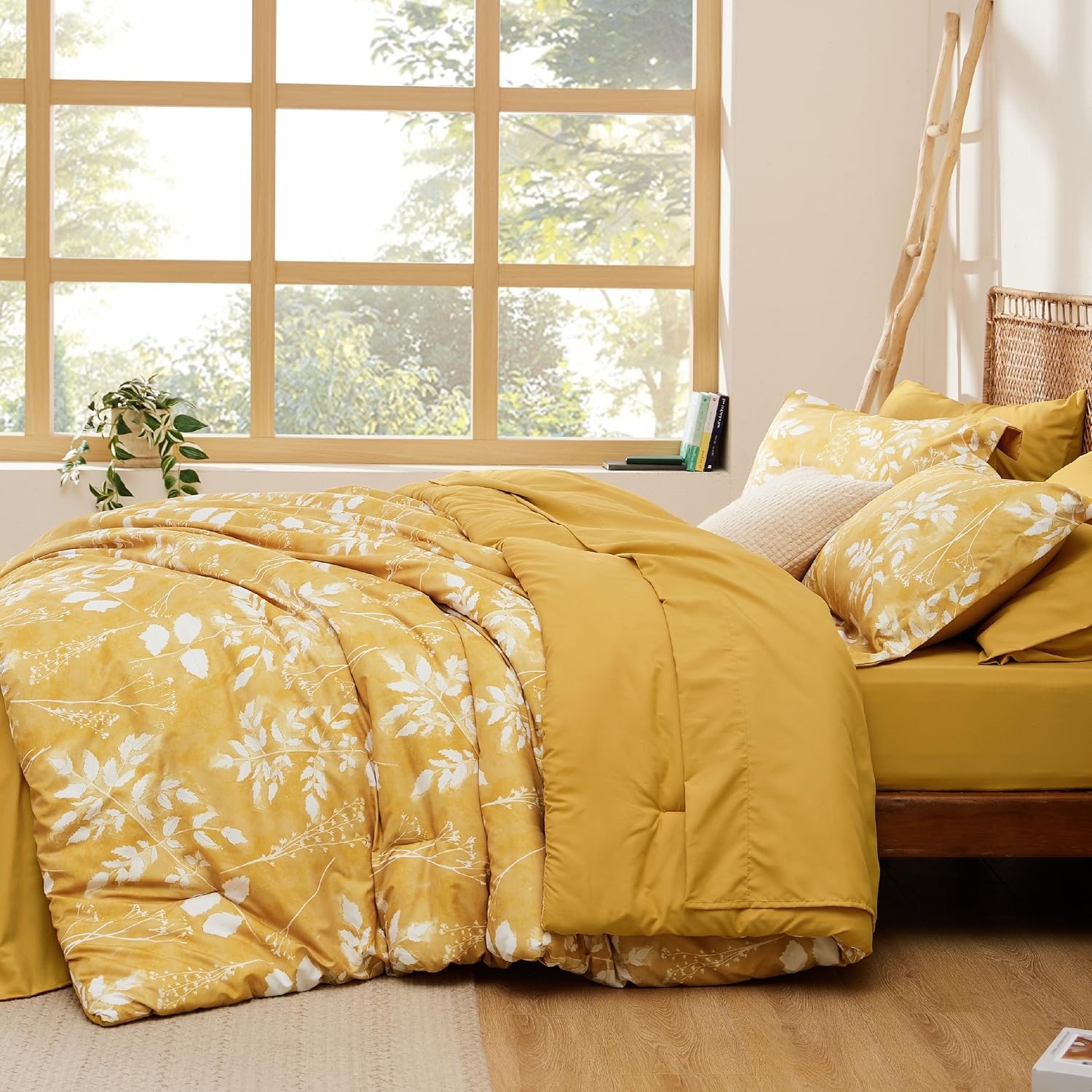 image:imageBedsure Full Size Comforter Set 7 Pieces Floral Sage Green Soft Bedding Sets Full Bed in a Bag with Botanical Flowers Comforter Sheets Pillowcases amp Shams06 Yellow