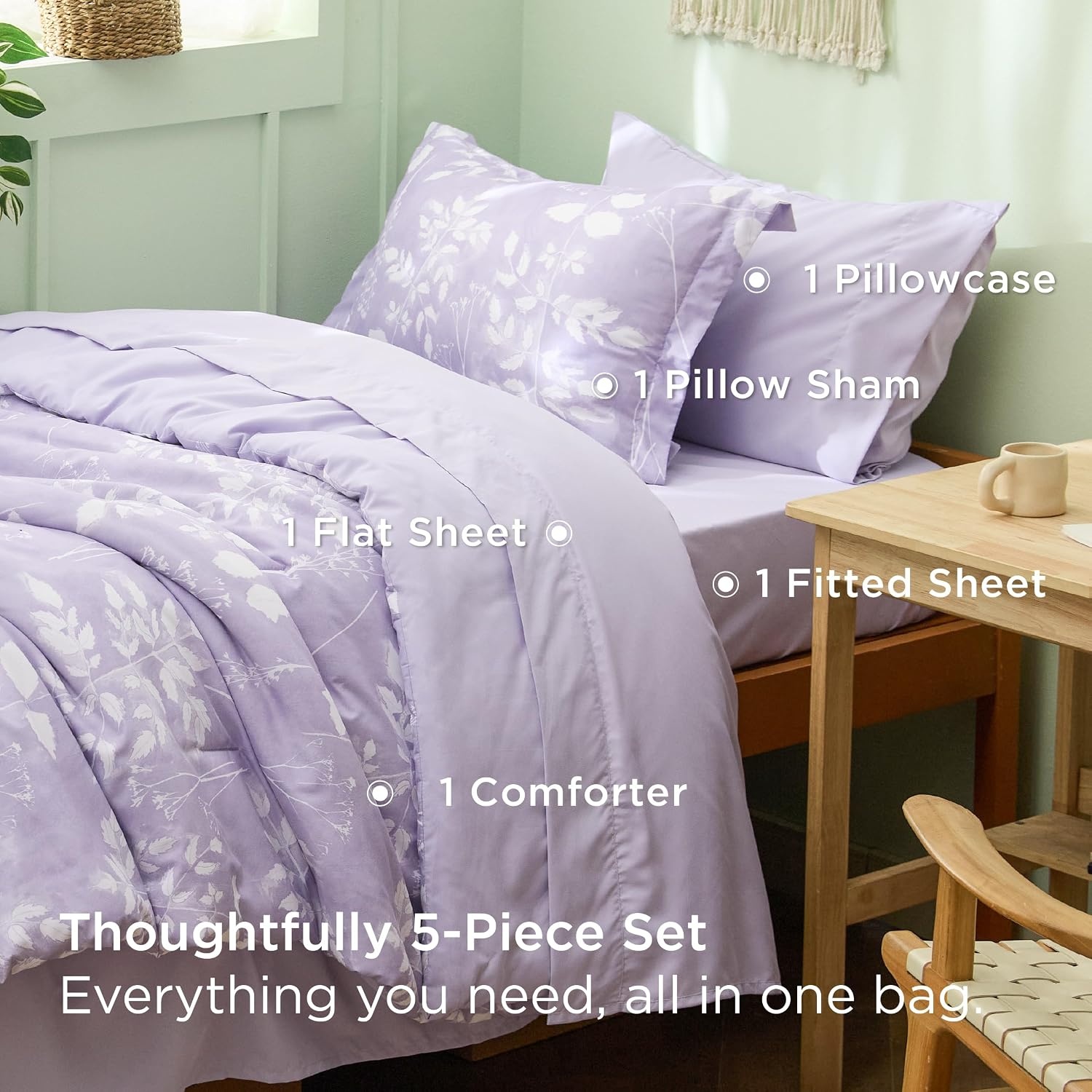 image:imageBedsure Full Size Comforter Set 7 Pieces Floral Sage Green Soft Bedding Sets Full Bed in a Bag with Botanical Flowers Comforter Sheets Pillowcases amp Shams07 Lavender