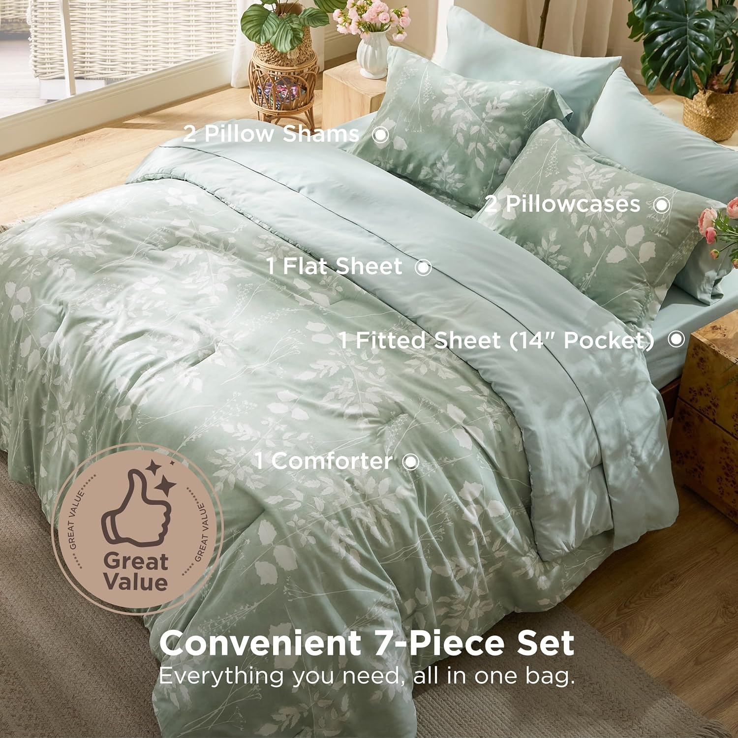 image:imageBedsure Full Size Comforter Set 7 Pieces Floral Sage Green Soft Bedding Sets Full Bed in a Bag with Botanical Flowers Comforter Sheets Pillowcases amp Shams01 Sage Green
