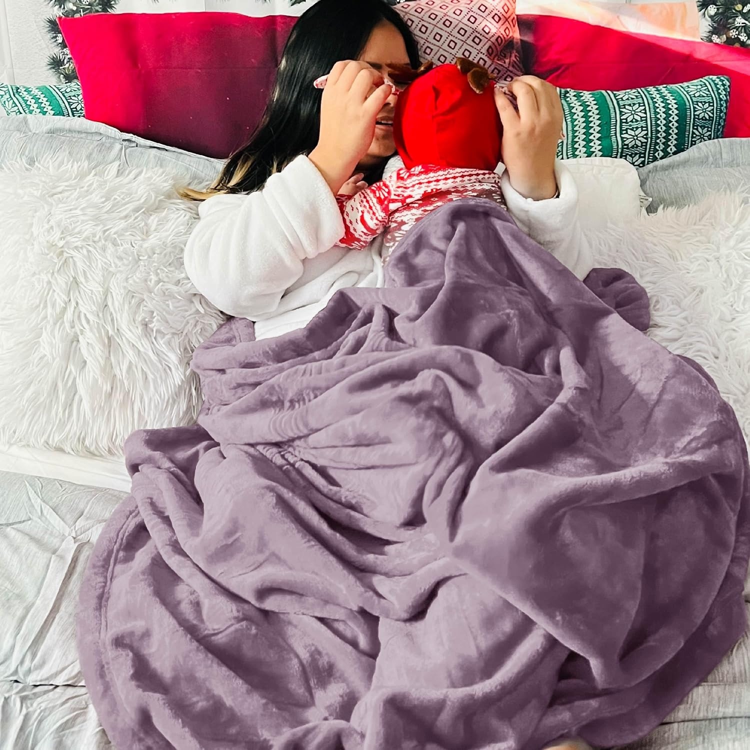 image:imageBedsure GentleSoft Fleece Bed Blankets Queen Size Grey Soft Warm Outdoor Picnic Fall Blanket for Camping Travel Lightweight Cozy AntiStatic Room Home Decor Gifts for Husband and Men 90x90 inchesFog Purple