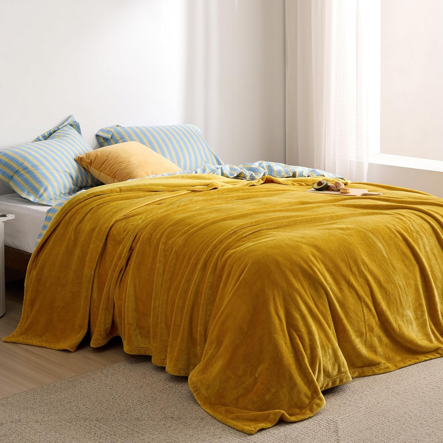 image:imageBedsure GentleSoft Fleece Bed Blankets Queen Size Grey Soft Warm Outdoor Picnic Fall Blanket for Camping Travel Lightweight Cozy AntiStatic Room Home Decor Gifts for Husband and Men 90x90 inchesBright Gold