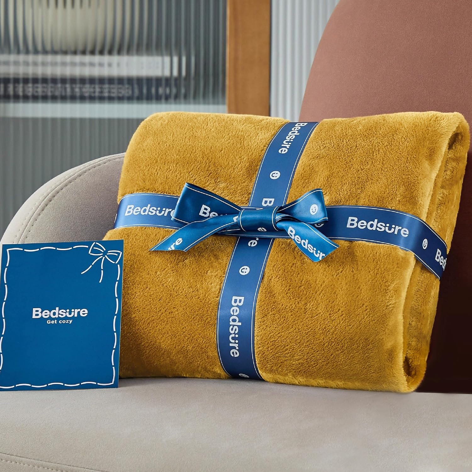 image:imageBedsure GentleSoft Fleece Bed Blankets Queen Size Grey Soft Warm Outdoor Picnic Fall Blanket for Camping Travel Lightweight Cozy AntiStatic Room Home Decor Gifts for Husband and Men 90x90 inchesBright Gold