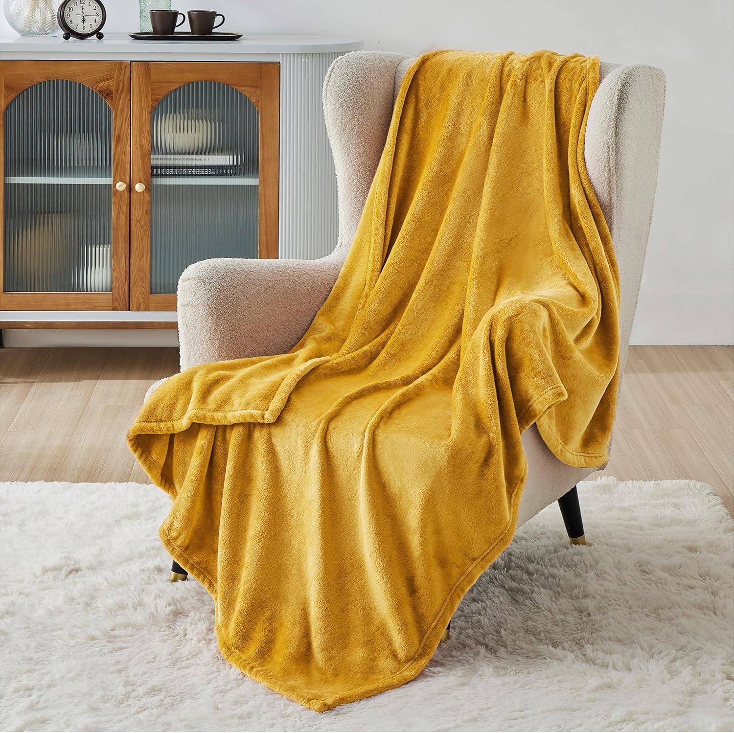 image:imageBedsure GentleSoft Fleece Bed Blankets Queen Size Grey Soft Warm Outdoor Picnic Fall Blanket for Camping Travel Lightweight Cozy AntiStatic Room Home Decor Gifts for Husband and Men 90x90 inchesBright Gold