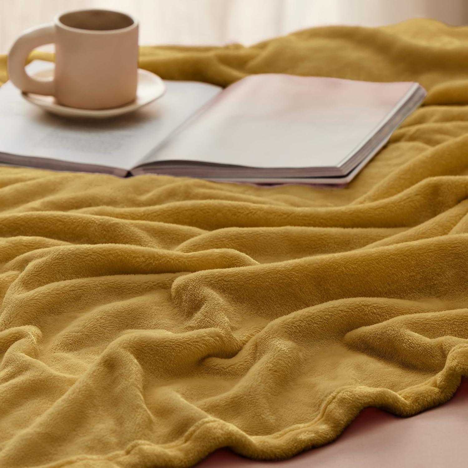 image:imageBedsure GentleSoft Fleece Bed Blankets Queen Size Grey Soft Warm Outdoor Picnic Fall Blanket for Camping Travel Lightweight Cozy AntiStatic Room Home Decor Gifts for Husband and Men 90x90 inchesBright Gold