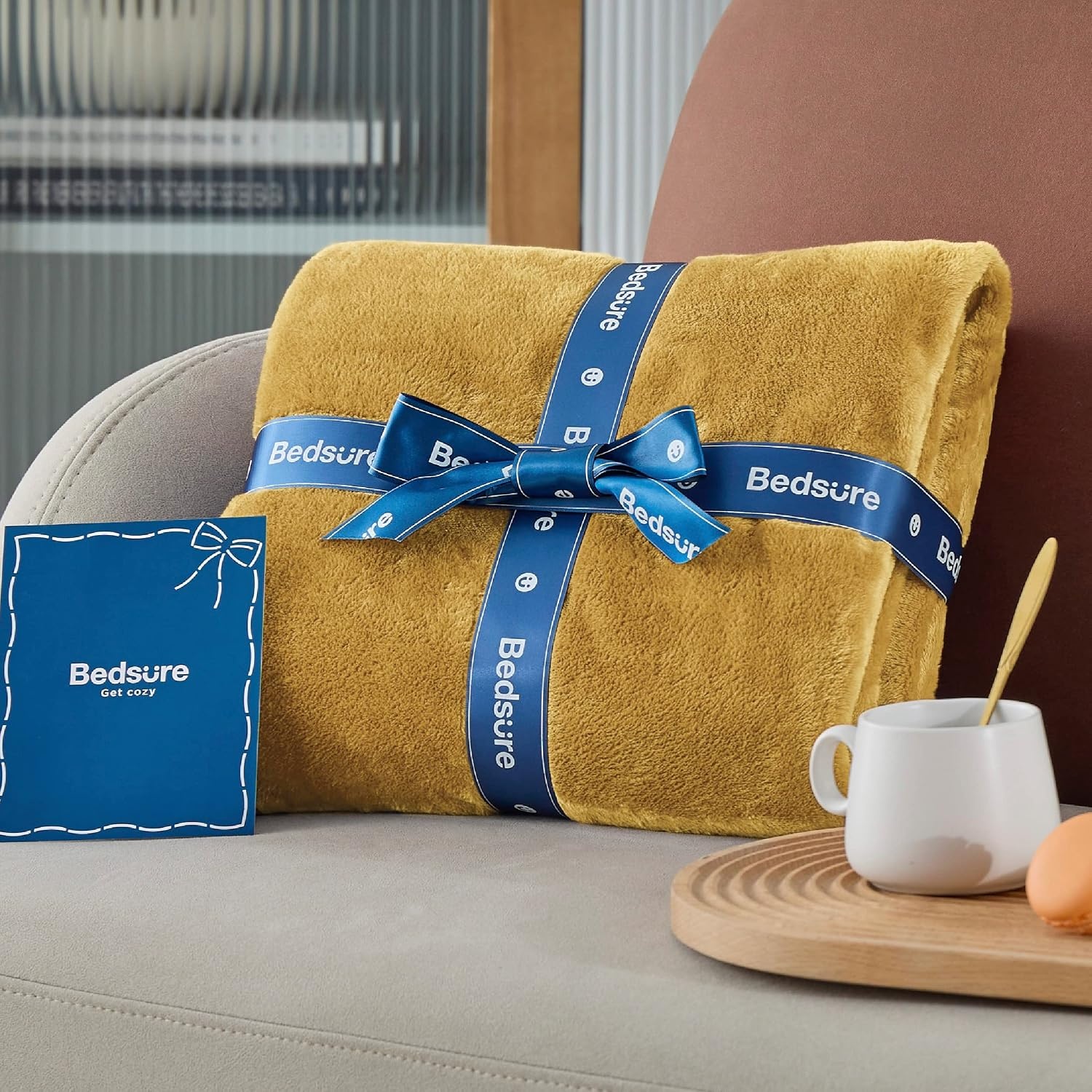 image:imageBedsure GentleSoft Fleece Bed Blankets Queen Size Grey Soft Warm Outdoor Picnic Fall Blanket for Camping Travel Lightweight Cozy AntiStatic Room Home Decor Gifts for Husband and Men 90x90 inchesBright Gold