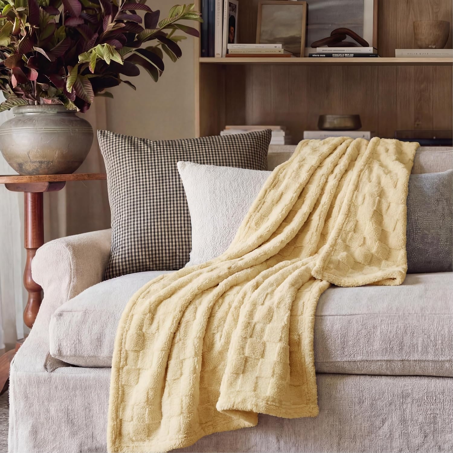 image:imageBedsure GentleSoft Sage Green Throw Blanket for Couch Checkered Cute Fleece Blankets Soft Cozy Summer Throw for Bedroom Home Decor Gifts for Mom Girls Green 50x60 InchesLight Yellow