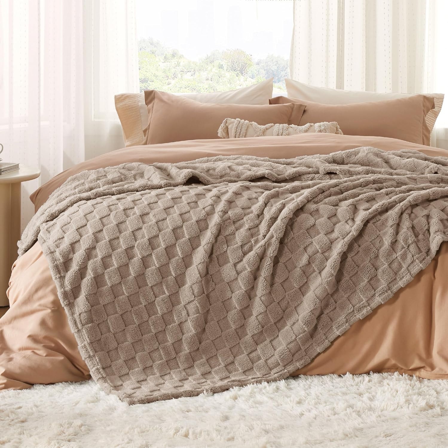 image:imageBedsure GentleSoft Sage Green Throw Blanket for Couch Checkered Cute Fleece Blankets Soft Cozy Summer Throw for Bedroom Home Decor Gifts for Mom Girls Green 50x60 Inches03 Light Brown