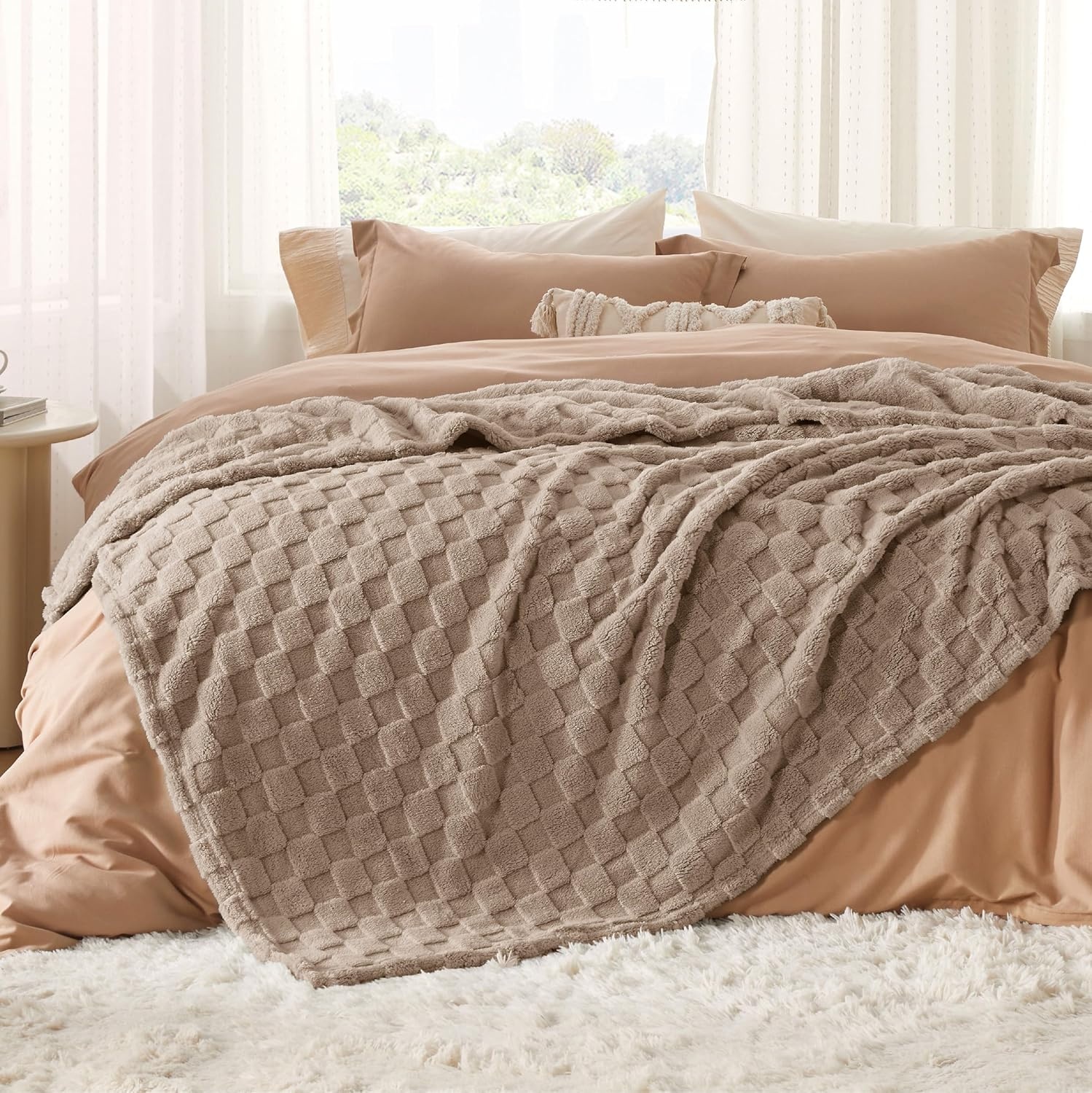 image:imageBedsure GentleSoft Sage Green Throw Blanket for Couch Checkered Cute Fleece Blankets Soft Cozy Summer Throw for Bedroom Home Decor Gifts for Mom Girls Green 50x60 Inches03 Light Brown
