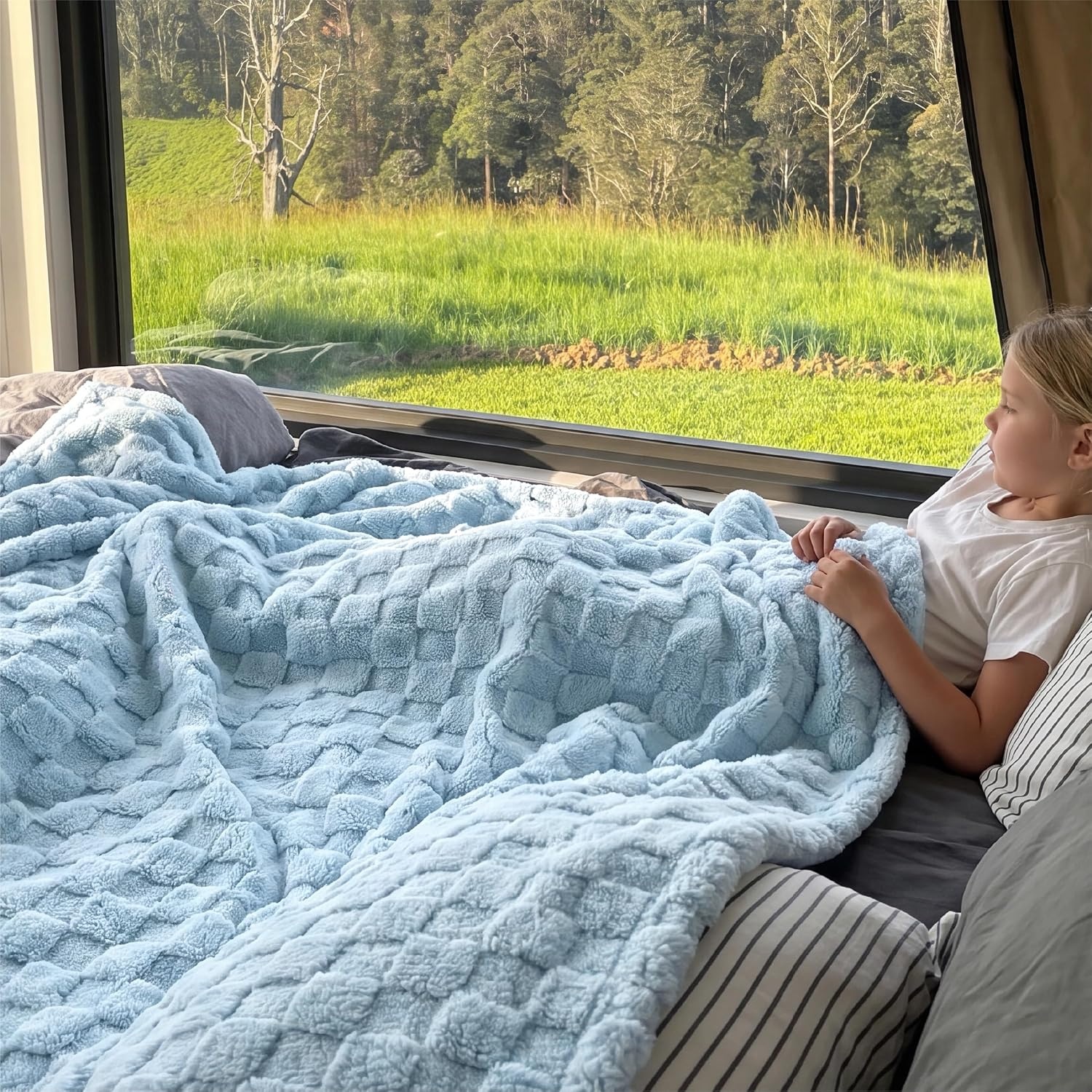 image:imageBedsure GentleSoft Sage Green Throw Blanket for Couch Checkered Cute Fleece Blankets Soft Cozy Summer Throw for Bedroom Home Decor Gifts for Mom Girls Green 50x60 InchesLight Blue