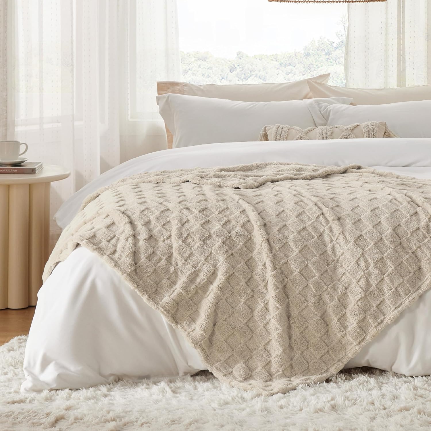 image:imageBedsure GentleSoft Sage Green Throw Blanket for Couch Checkered Cute Fleece Blankets Soft Cozy Summer Throw for Bedroom Home Decor Gifts for Mom Girls Green 50x60 InchesOatmeal