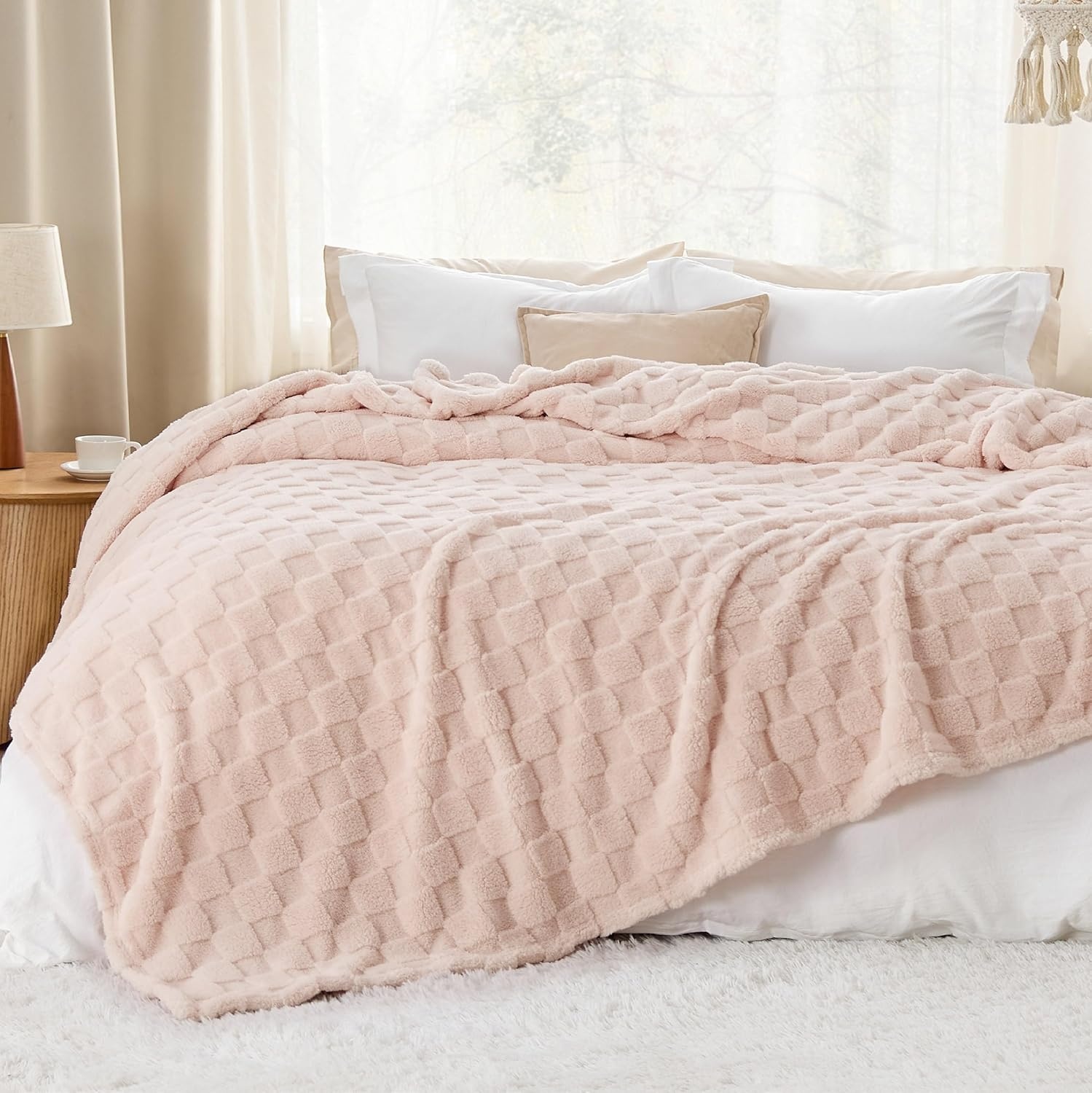 image:imageBedsure GentleSoft Sage Green Throw Blanket for Couch Checkered Cute Fleece Blankets Soft Cozy Summer Throw for Bedroom Home Decor Gifts for Mom Girls Green 50x60 InchesLight Pink